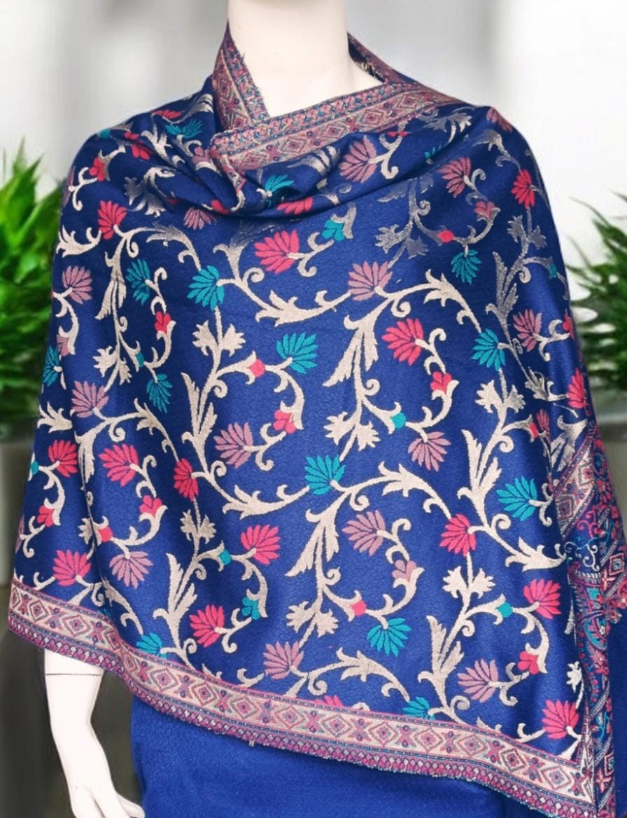 Blue Cashmere Pashmina Shawl Hand woven shawl scarf Lightweight Embroidered Soft Touch Neck Warmer Travel Blanket Shoulder Warmer Winter