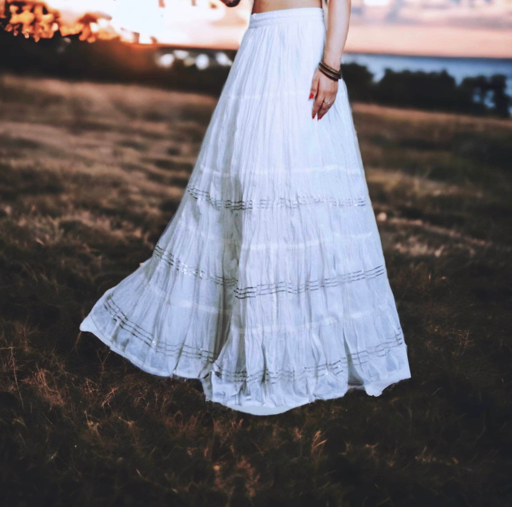 White Pure Cotton Full Length Skirt  White and Sliver Gottapatti Work Cottan Midi White Denim Shirt women Ethnic Flared Skirt Printed A Line