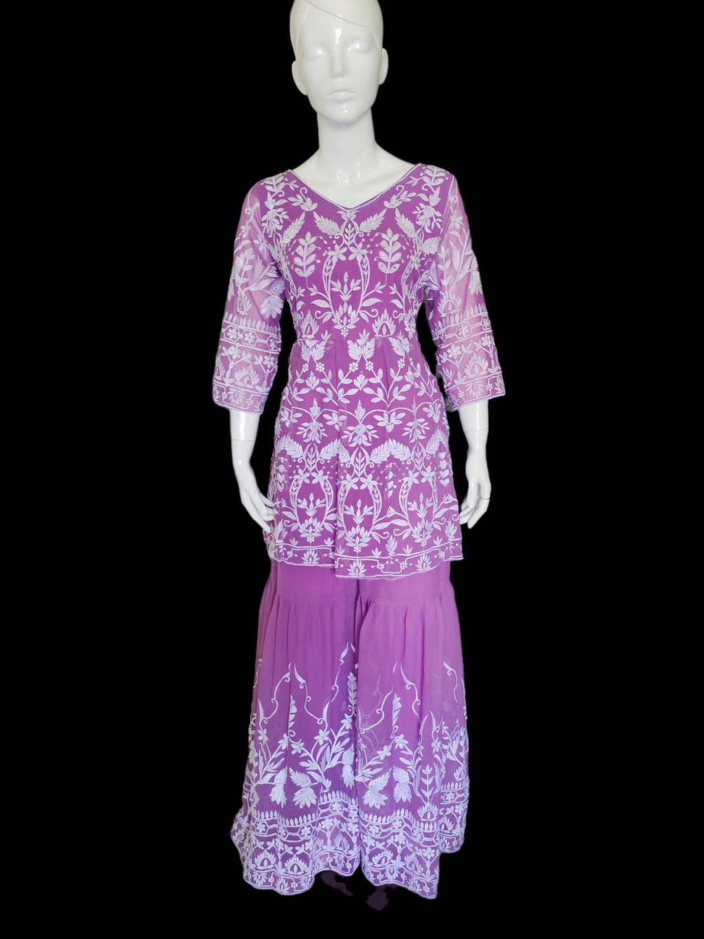 Lavender/Purple/Violet Pure Georgette Net Sharara Set White Silk Thread And Sequence Work Pearl Work With Net Lavender Dupatta Floral Design