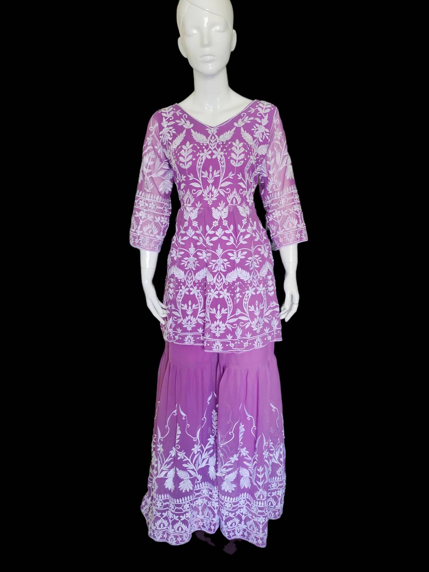 Lavender/Purple/Violet Pure Georgette Net Sharara Set White Silk Thread And Sequence Work Pearl Work With Net Lavender Dupatta Floral Design