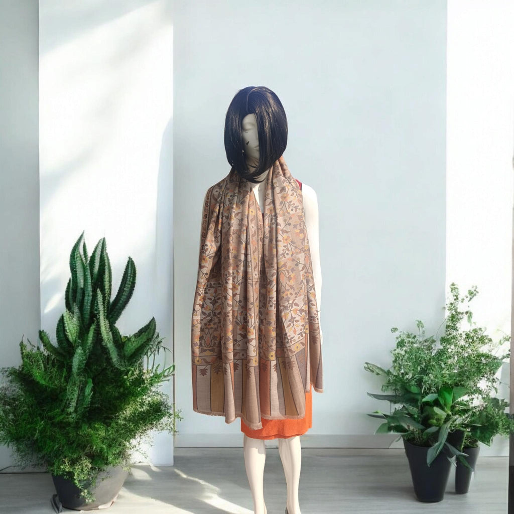 100% Pure Cashmere Pure Pashmina Beige Fully Embroidered Using Silk Thread Floral Pattern Hand Woven Hand Work Woollen Thread Pattern Shawl