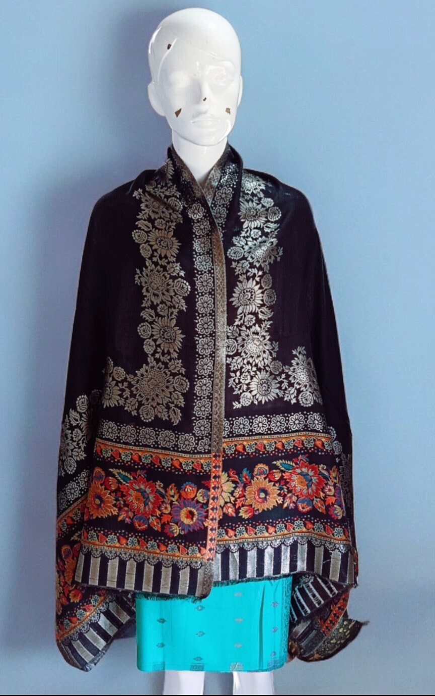 100% Pure Pashmina Cashmere Black Scarf/Shawl/Dupatta Multicolour Golden Handwoven Lightweight Soft touch Bollywood Bohemian Florals