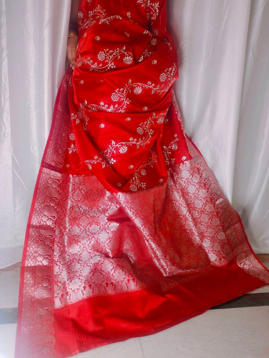 Red Satin Silk Saree Embroidered Border With Unstitched ( customised ) blouse Thread work Banarsi Saree Gift For Her Perfect For Wedding