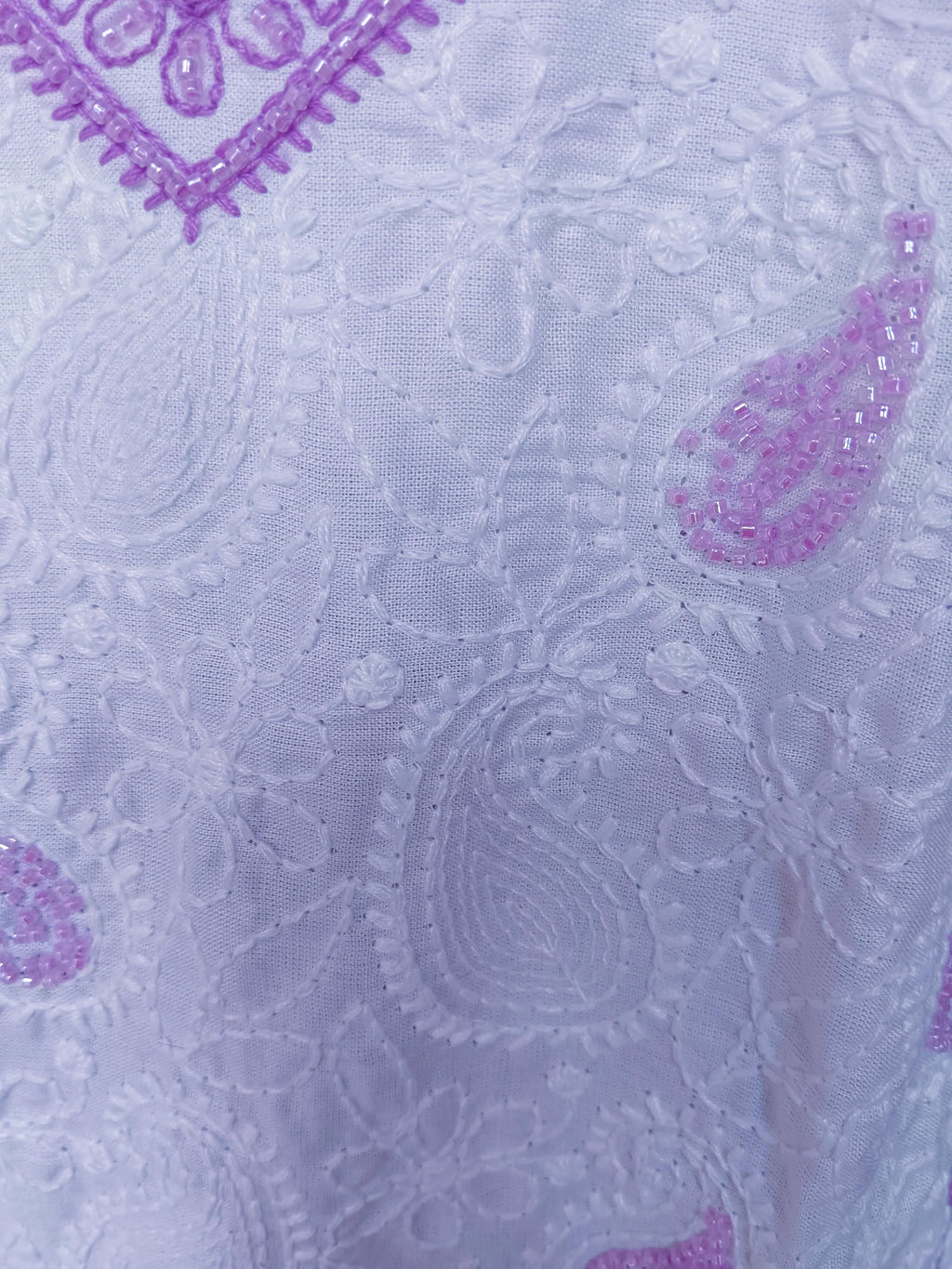 Set of 3 White Lavender Cotton Silk Chikankari With Beads Work Handmade Kurta Satin Pajama With Elasticity And Net Sheer Lavender Duppata