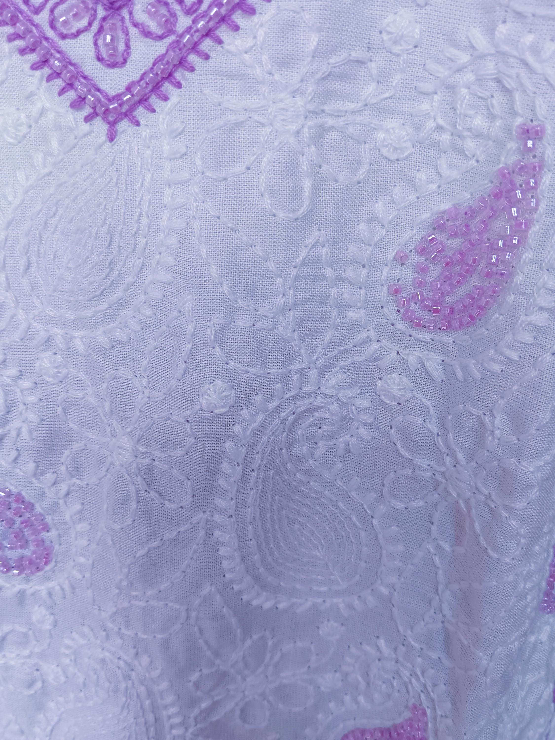 Set of 3 White Lavender Cotton Silk Chikankari With Beads Work Handmade Kurta Satin Pajama With Elasticity And Net Sheer Lavender Duppata