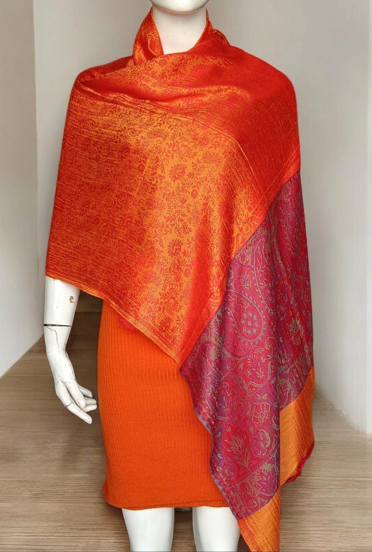 Orange Red Hand Embroidered Cashmere Pashmina Stoll/Shawl Winter Outfit Kashmiri Shawl Kashmiri Stole Soft Touch Lightweight Gift for her