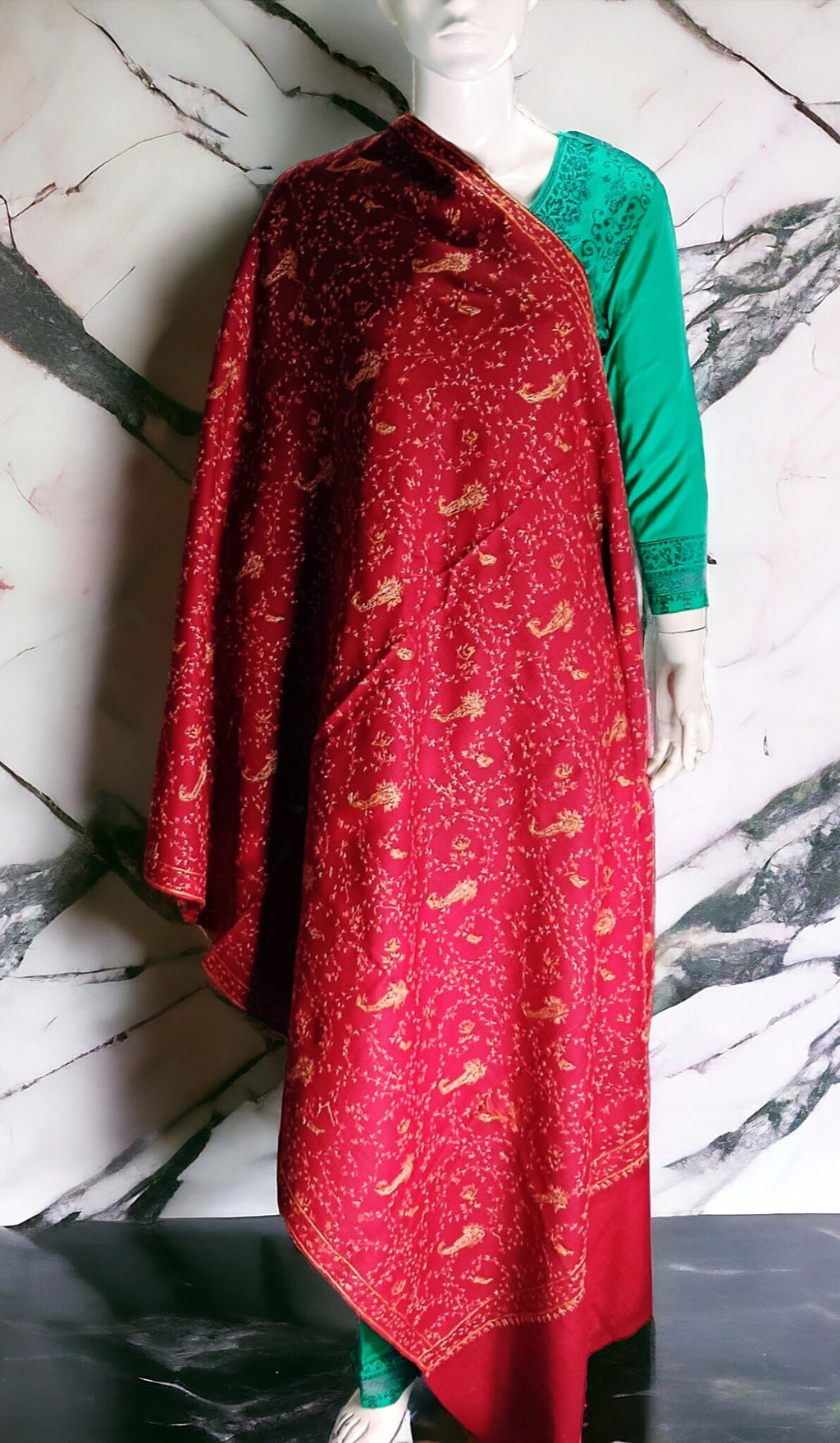 Red Embroidered 100% Pure Kashmiri Cashmere Shawl Scarf Travel Blanket Vintage Winter Outfit Wedding Anniversary gift Neck Warmer Designer