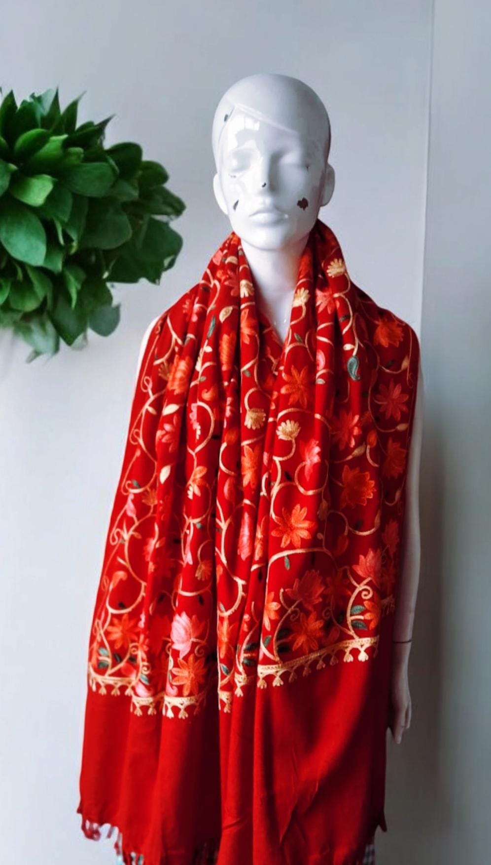Red Embroidered Floral Design Cashmere Shawl/Scarf Luxurious Hand woven Soft Touch Lightweight Travel Blanket Vintage Winter Outfit