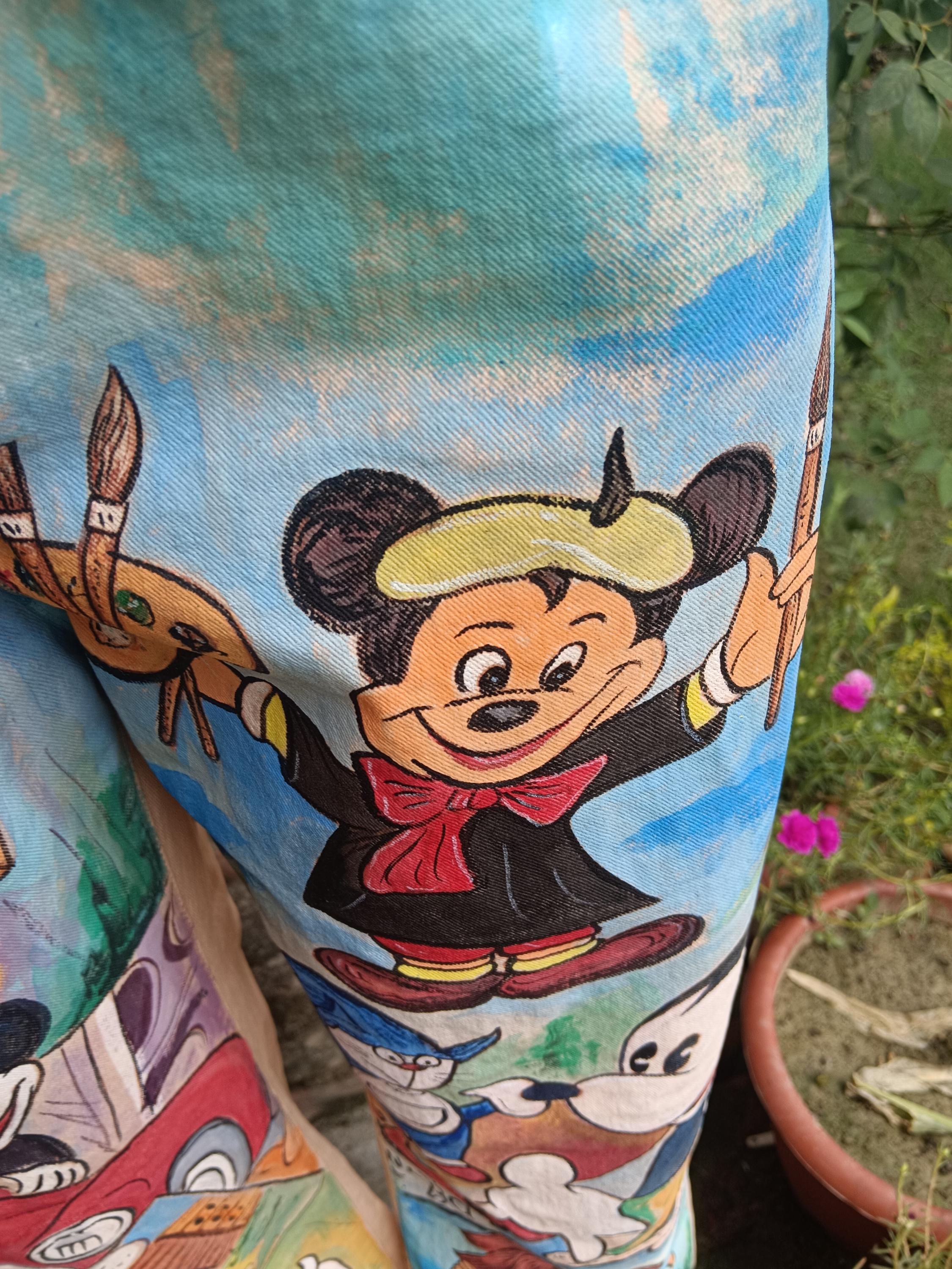 100% Pure Beige Denim Handpainted Fine Art Cartoon Characters Vintage Jeans Rare to Find Gift for them Go To Wear