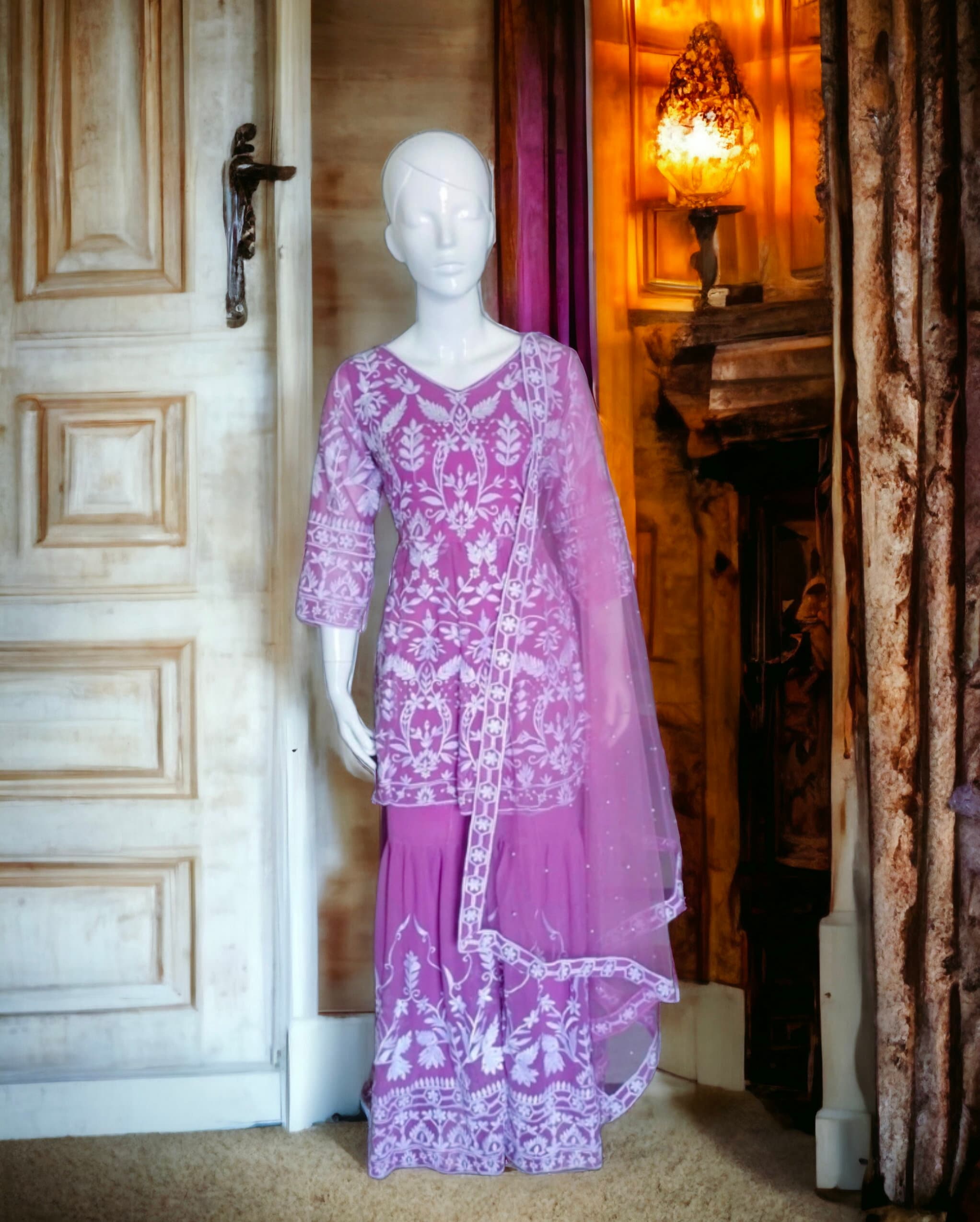 Lavender/Purple/Violet Pure Georgette Net Sharara Set White Silk Thread And Sequence Work Pearl Work With Net Lavender Dupatta Floral Design