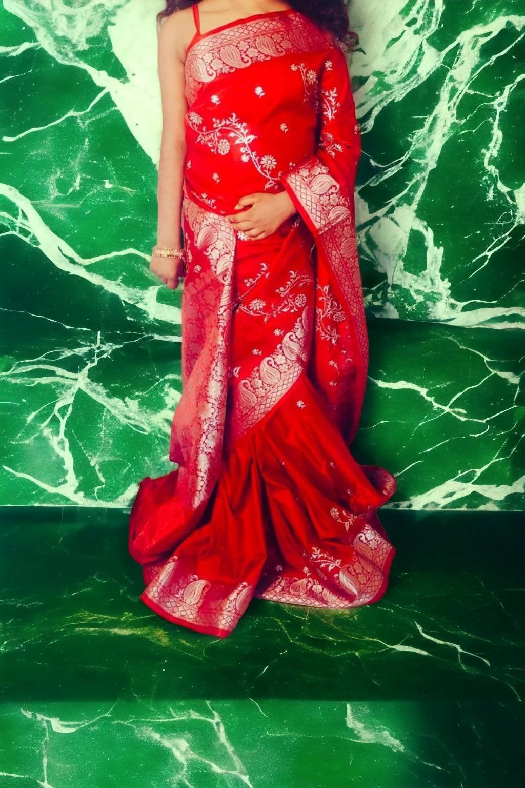 Red Satin Silk Saree Embroidered Border With Unstitched ( customised ) blouse Thread work Banarsi Saree Gift For Her Perfect For Wedding