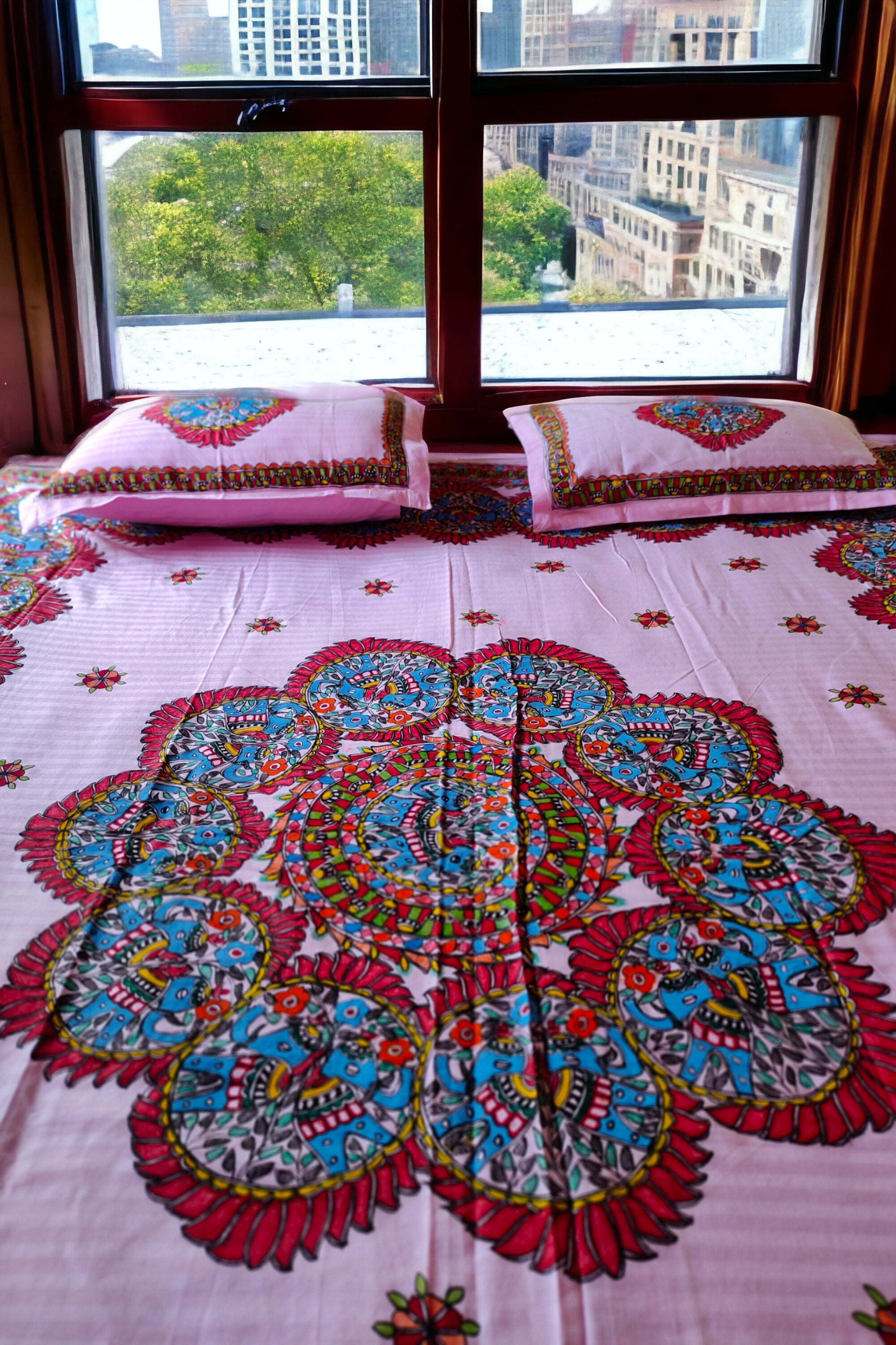 King Size Handmade Madhubani Painted Light Pink Cotton Bedsheet and 2 Pillow Covers Flower and Elephant Design Painted By Hands Vintage