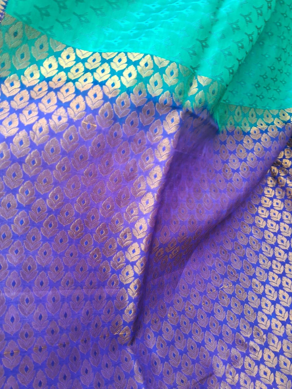 100% Pure Silk Blue Green Banarasi Saree Golden Brocade Pattern With Unstitched Blue Pure Silk Blouse Bollywood Saree Wedding Saree Pujawear