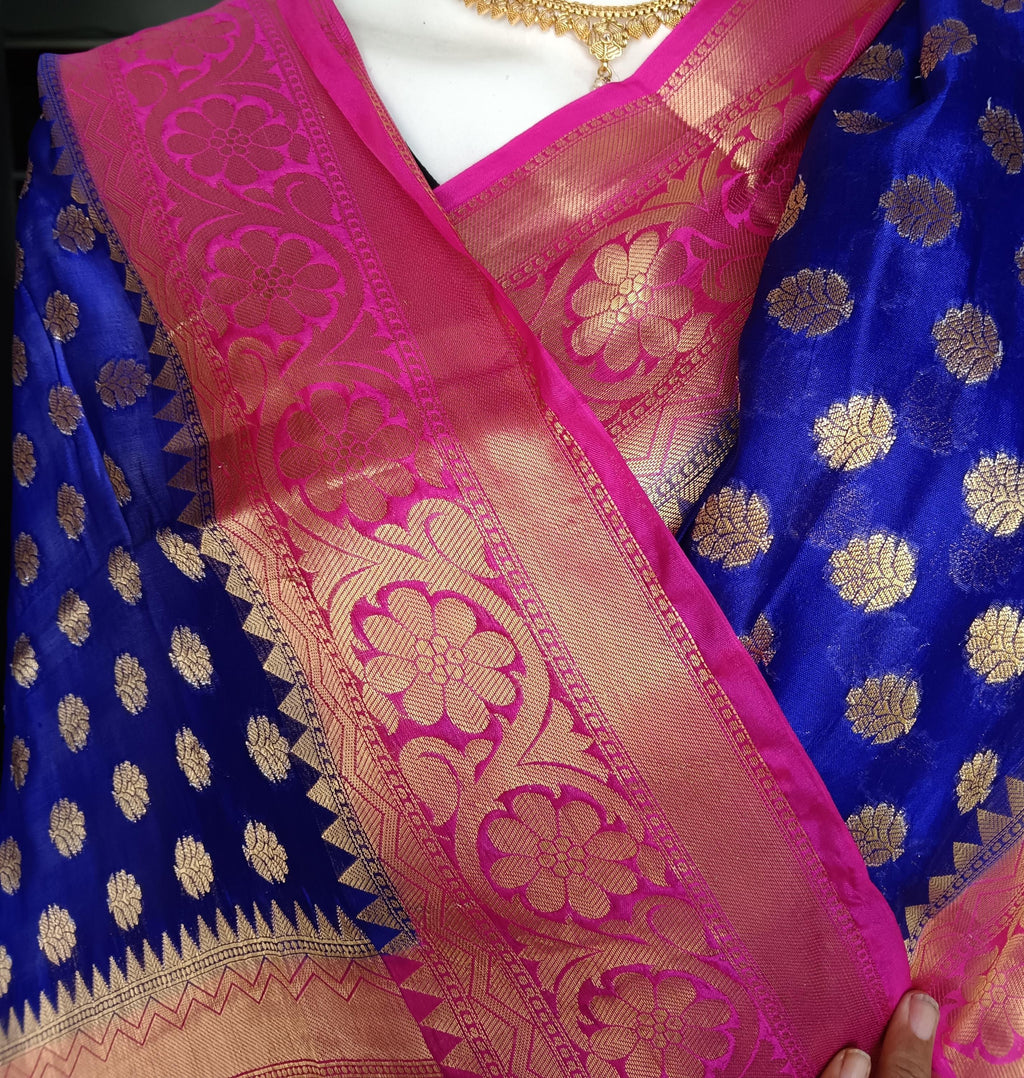 Royal Blue And Pink Banarasi Silk Saree with Unstitched Silk Blouse Handwoven Zari Wedding Saree Indian Traditional Outfit Elegant Gift