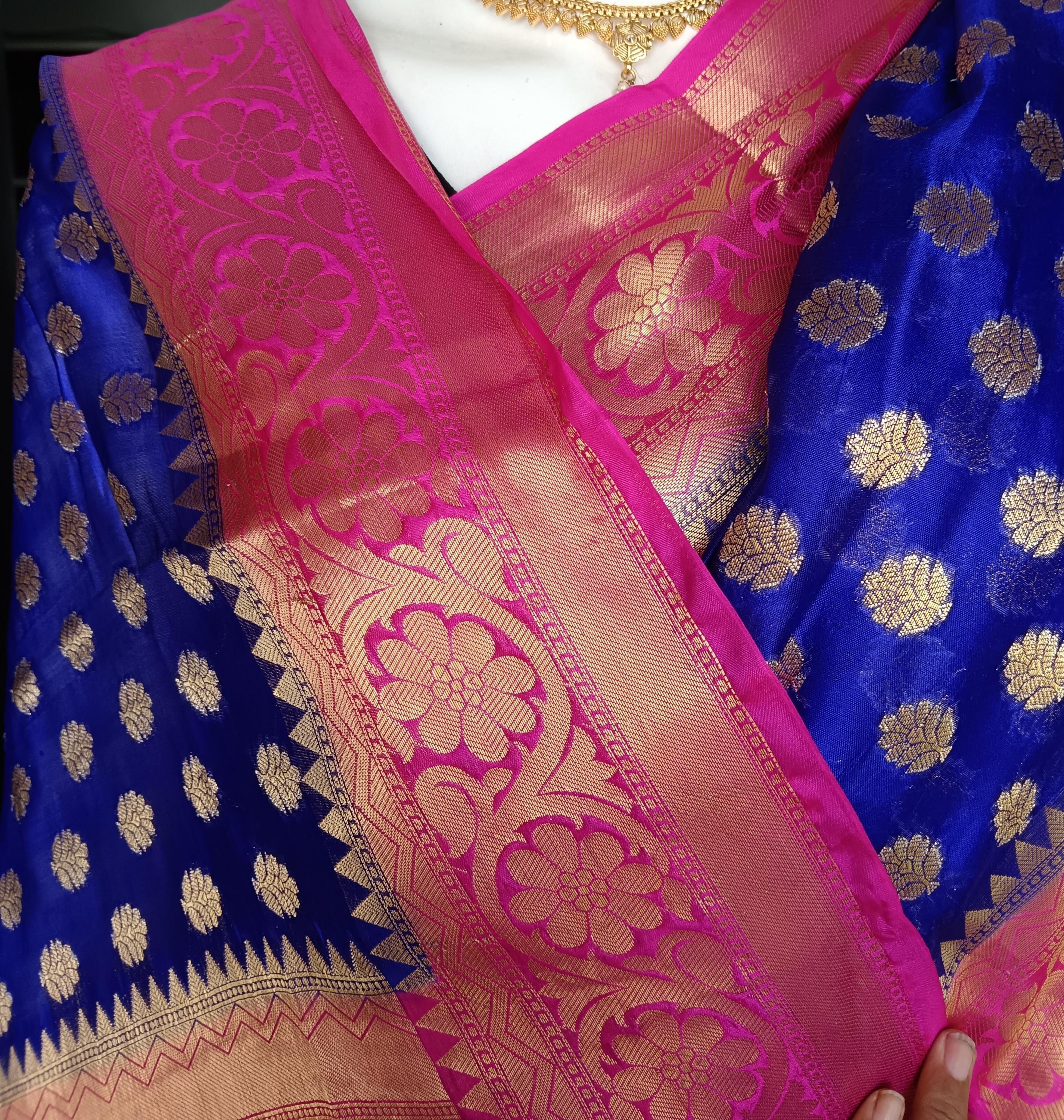 Royal Blue And Pink Banarasi Silk Saree with Unstitched Silk Blouse Handwoven Zari Wedding Saree Indian Traditional Outfit Elegant Gift