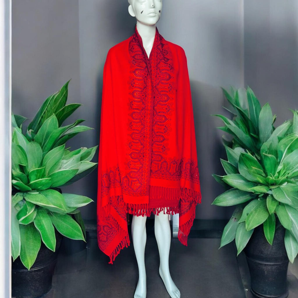 Red Cashmere Shawl/Scarf/Wrap/Neckwarmer Features Blue Yellow Bordered Floral Design Perfect For Christmas Gift For Them Winter Outfit