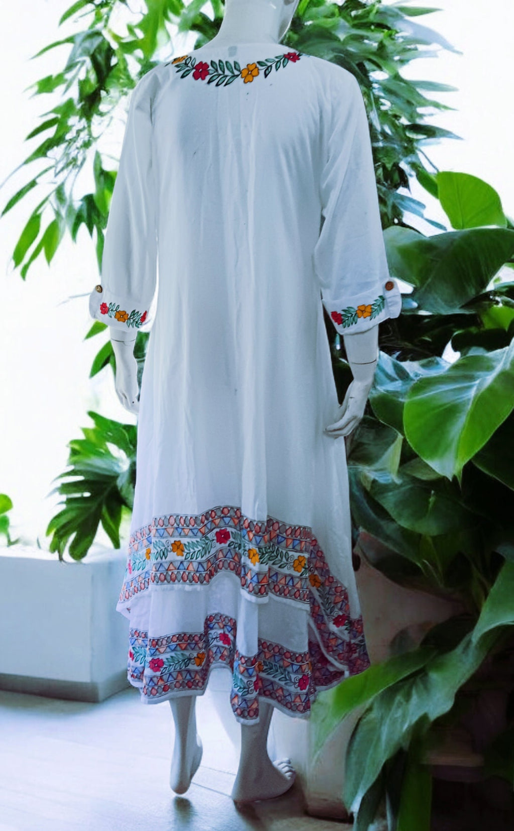 Mulmul Cotton White Madhubani Hand Painted Women Kurta/Dress Floral Pattern Indian Wear Ethnic Wear Easy to Wear Soft Fabric Colourful