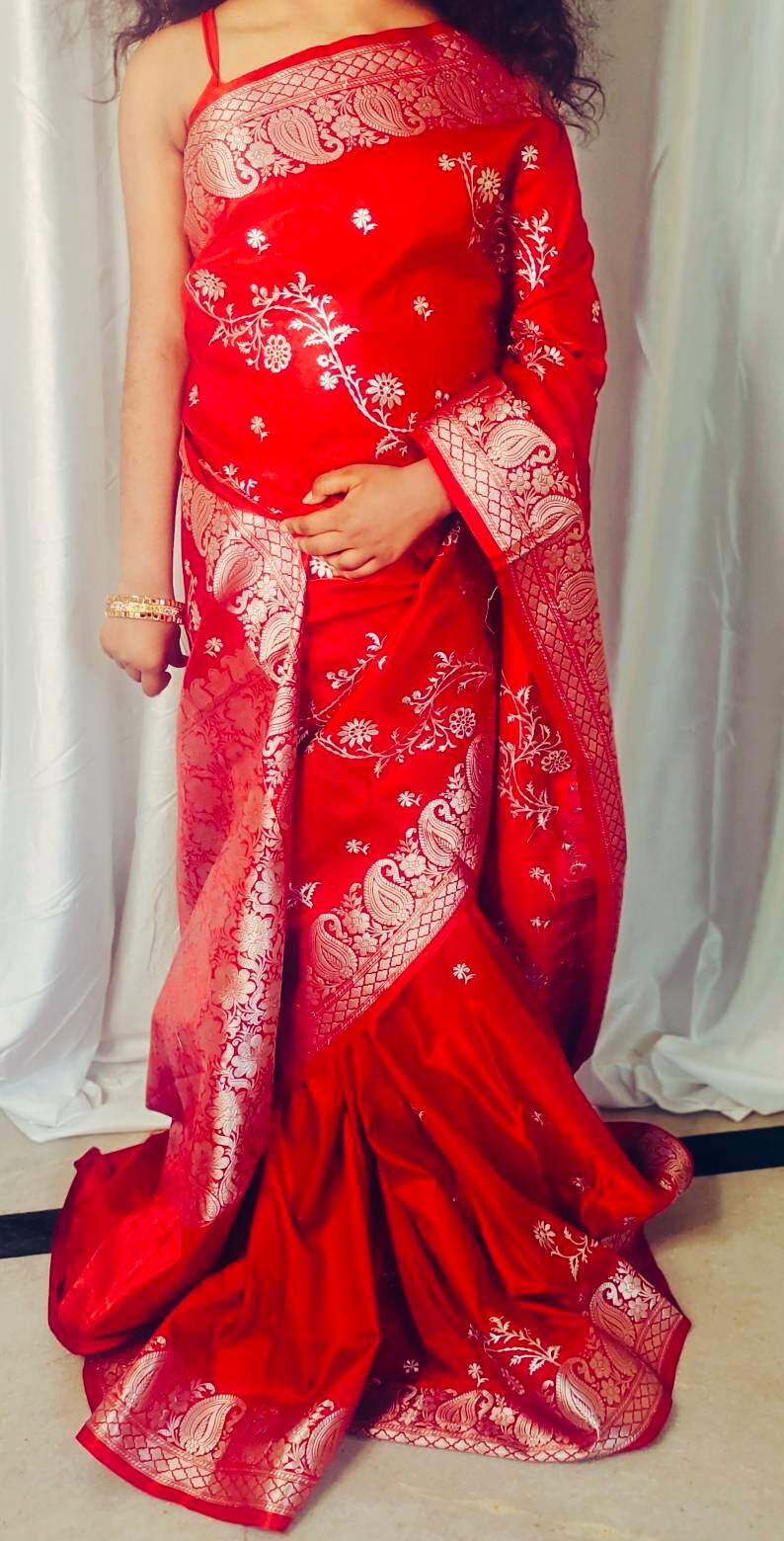 Red Satin Silk Saree Embroidered Border With Unstitched ( customised ) blouse Thread work Banarsi Saree Gift For Her Perfect For Wedding