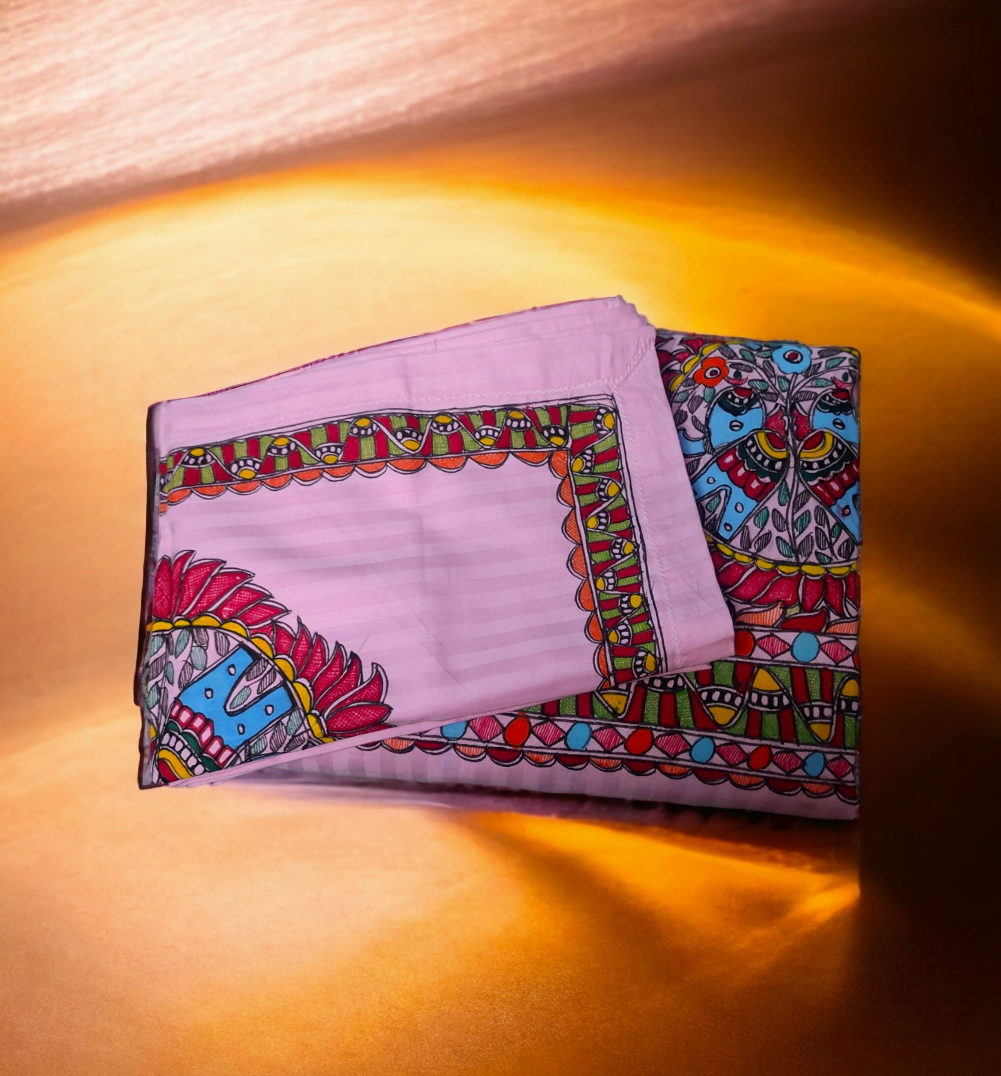 King Size Handmade Madhubani Painted Light Pink Cotton Bedsheet and 2 Pillow Covers Flower and Elephant Design Painted By Hands Vintage