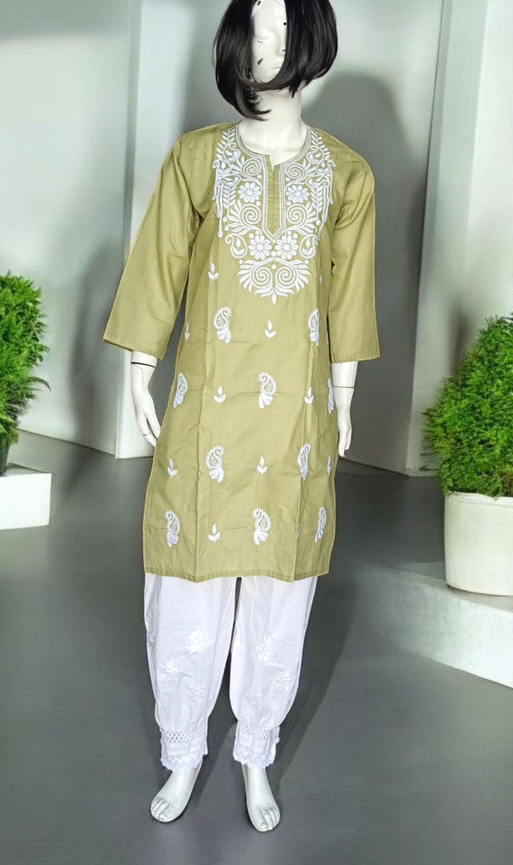 Set of 2 piece Cotton Green White Chikankari Embroidered Kurta with White Cotton Embroidered With Lace Work Tapered Leg Salwar Elastic