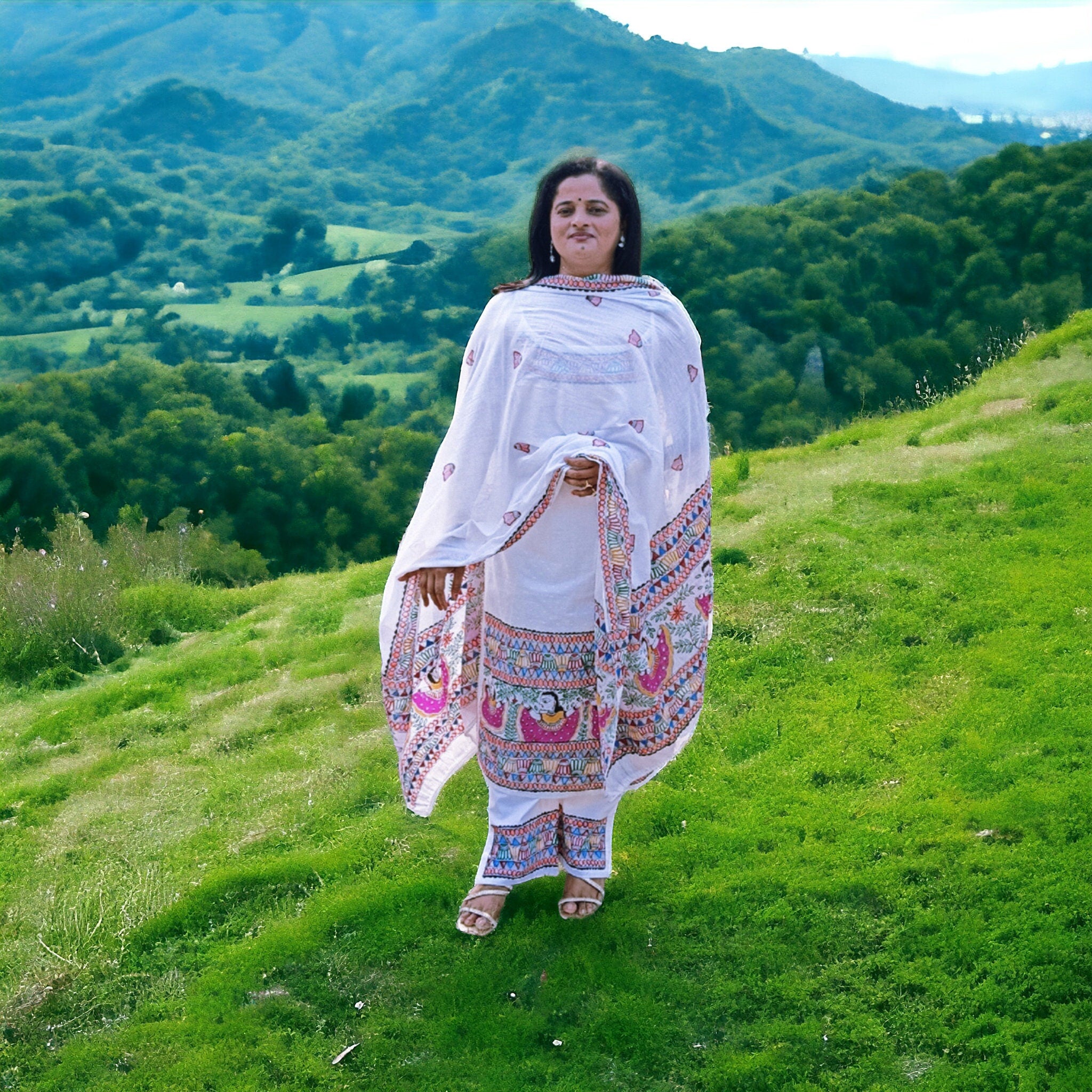 Set of 3 White Pure Cotton Multicolored Hand Painted Madhubani Paint kurta Pant Dupatta Featuring Floral Doll Design Pattern Wedding Indian