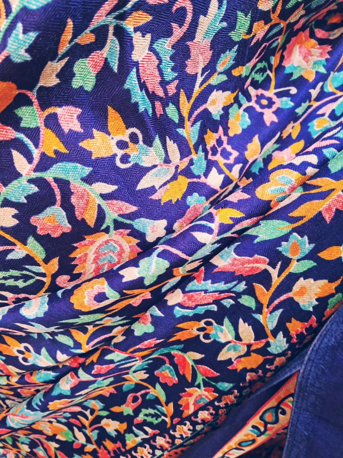 Blue Floral Design Printed Kashmiri Handloom Saree With Unstitched Blue Kashmiri Blouse Colourful Pattern Floral Pattern Gift for Her