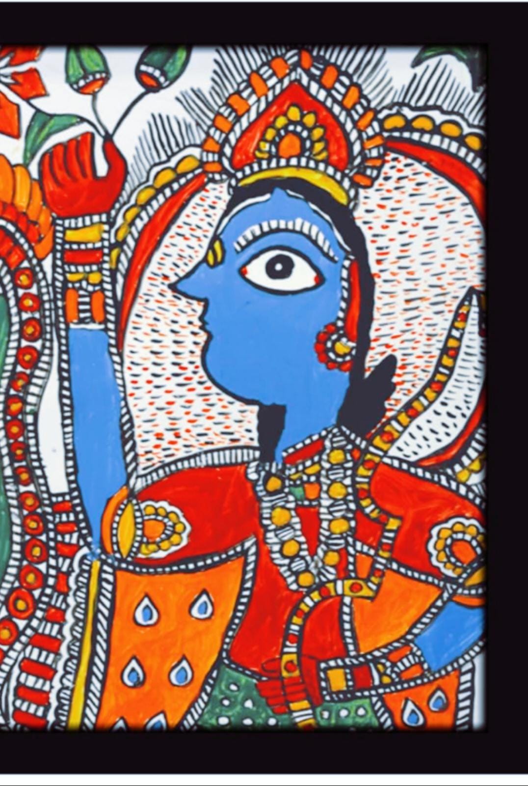 Mithila Madhubani Handpainted Wall Painting Wall Decor Featuring Ram Darbar Design With Brown Wooden Frame Canvas Painting Beautiful Paint