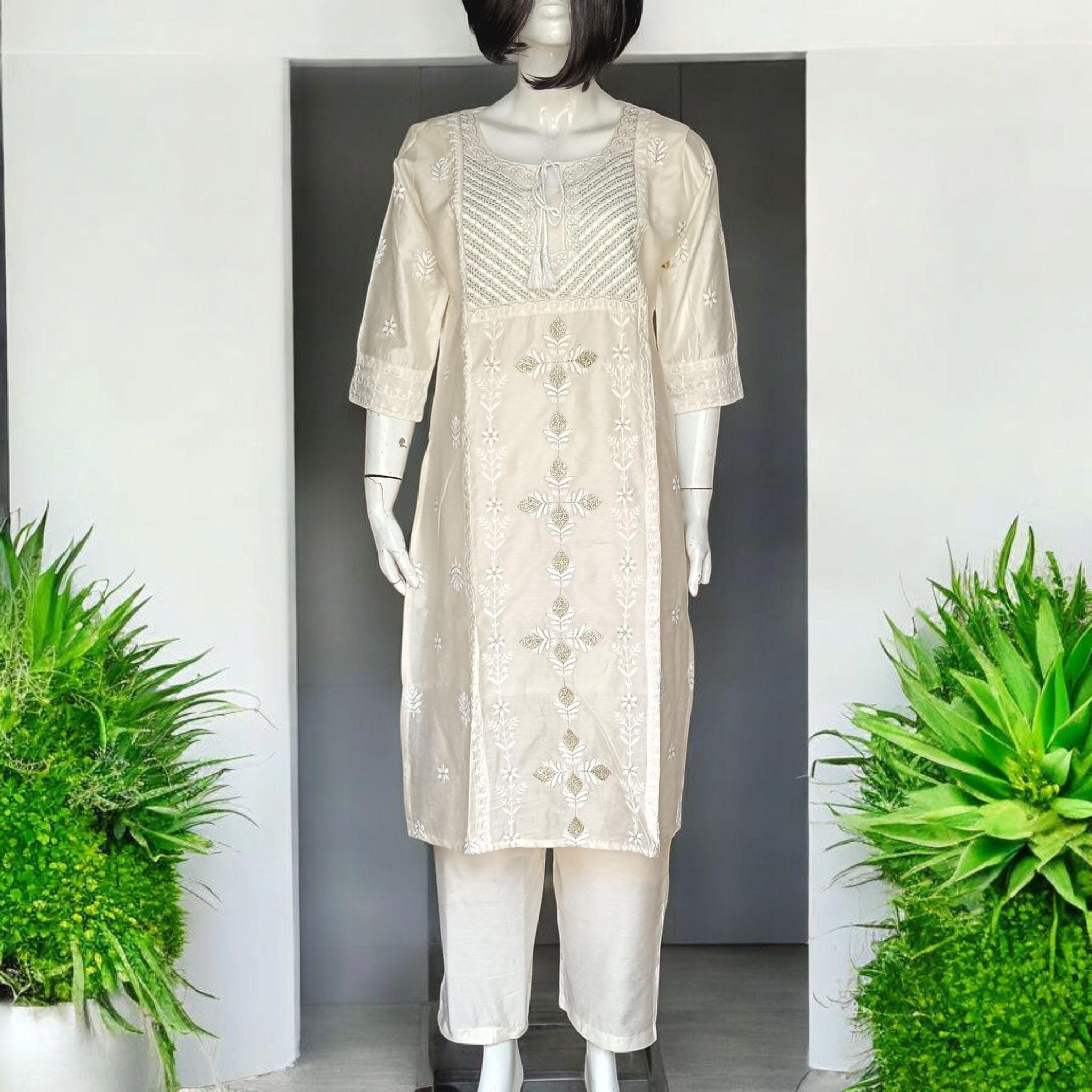 Set of 3 Chanderi Silk Off White Kurta Pant Golden Yellow Banarasi Silk Dupatta beads Work Handmade Kurta Silk Pant With Elasticity Zardozi