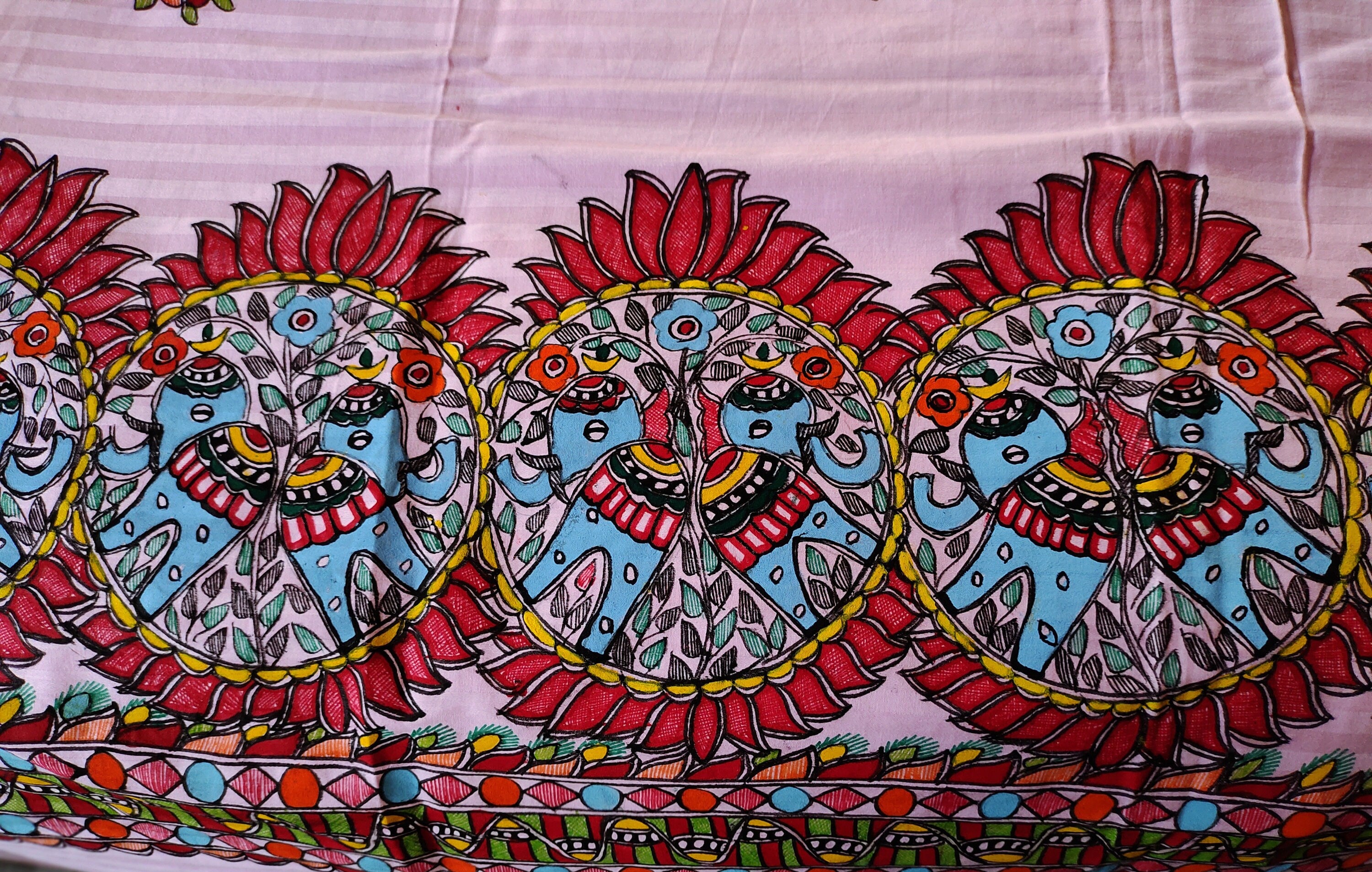 King Size Handmade Madhubani Painted Light Pink Cotton Bedsheet and 2 Pillow Covers Flower and Elephant Design Painted By Hands Vintage