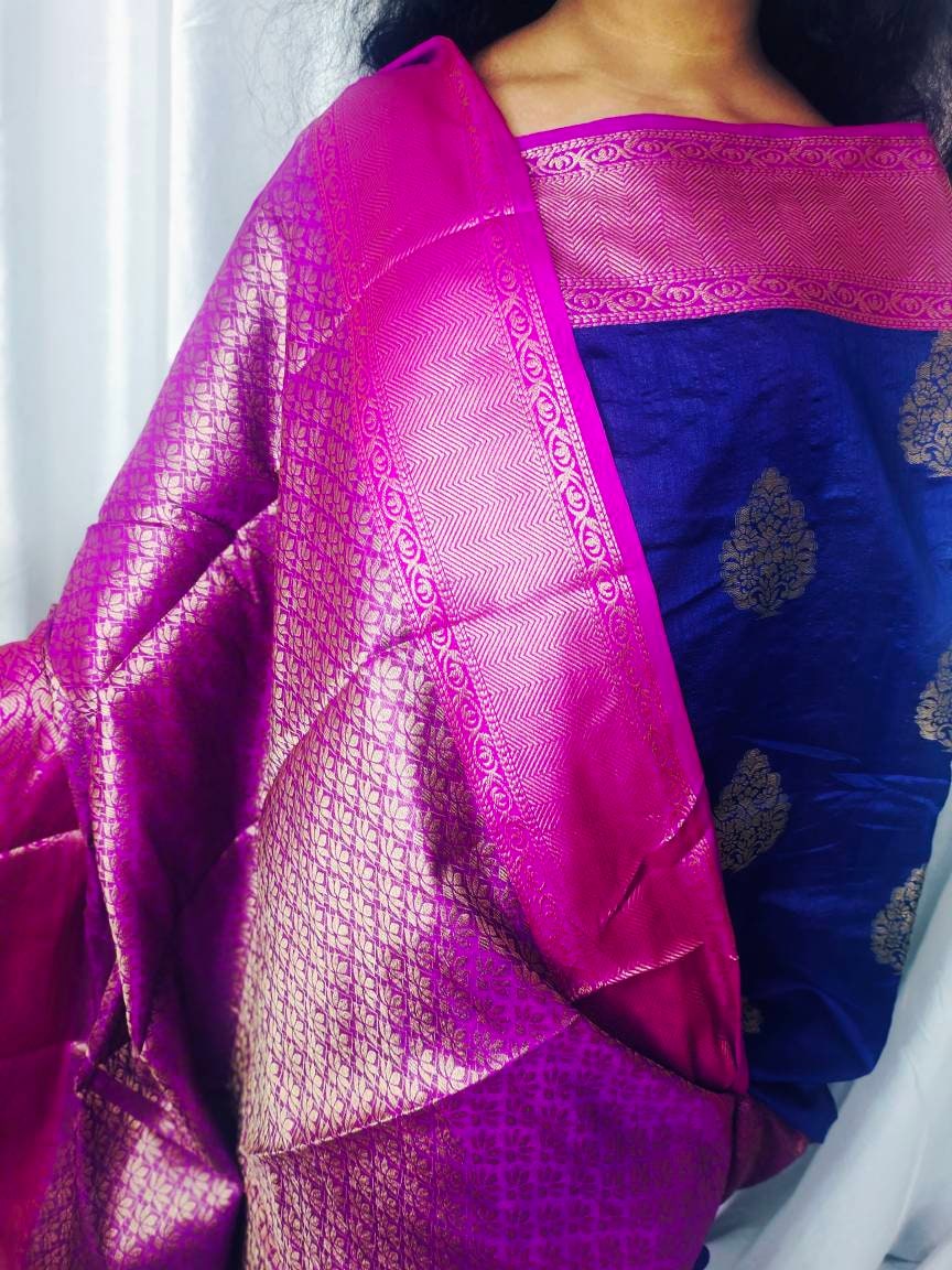 Blue Magenta Paper Silk Saree With Unstitched ( customised ) Banarsi Blouse Zari Work Thread Work Perfect For Wedding Party Gift for Her