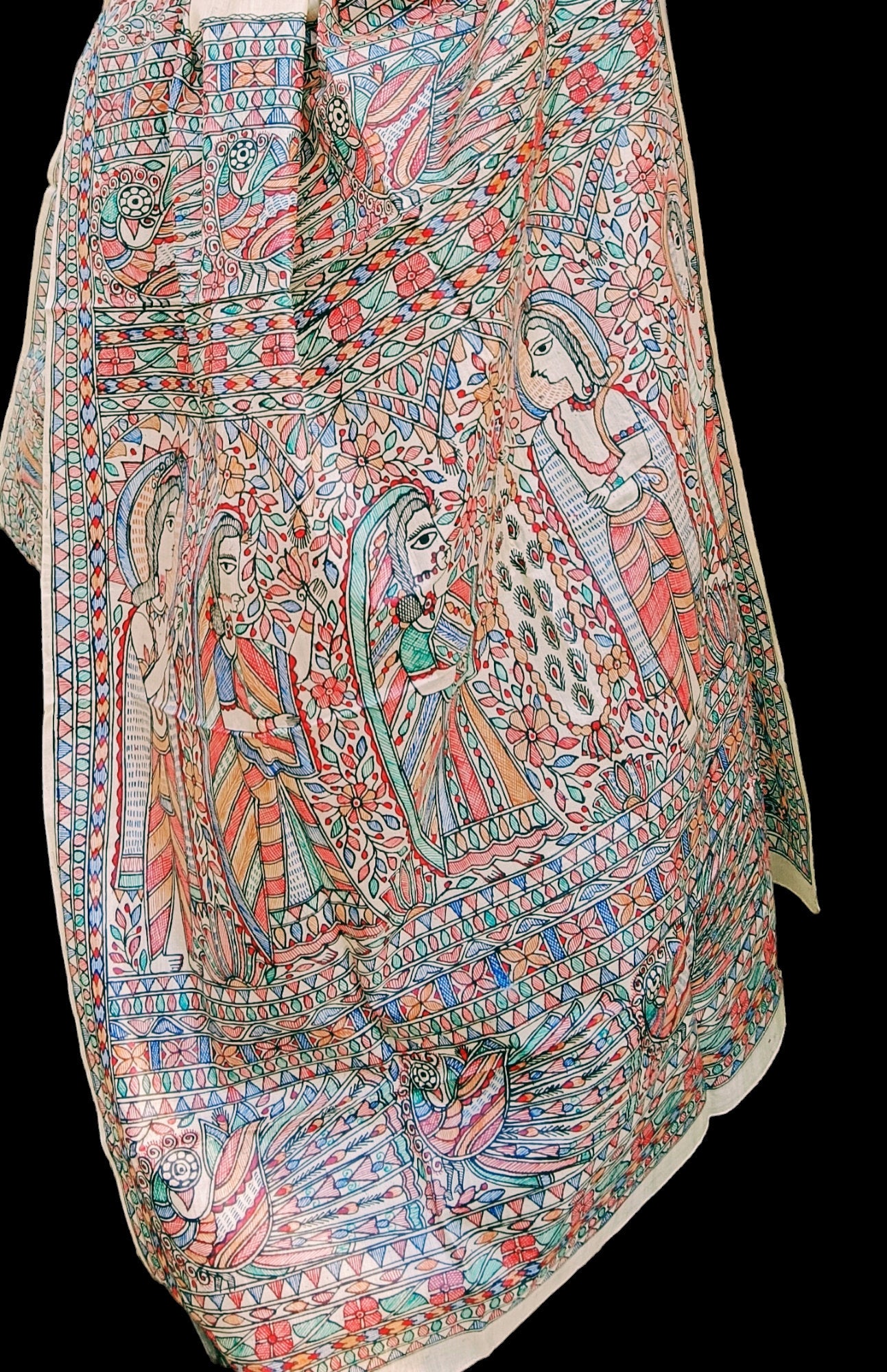 Pure Silk Hand-painted Multicolored Madhubani Painting Saree Featuring Iconic Shree Ram Sita Swayamvar Marriage Peacock Design Wedding Party
