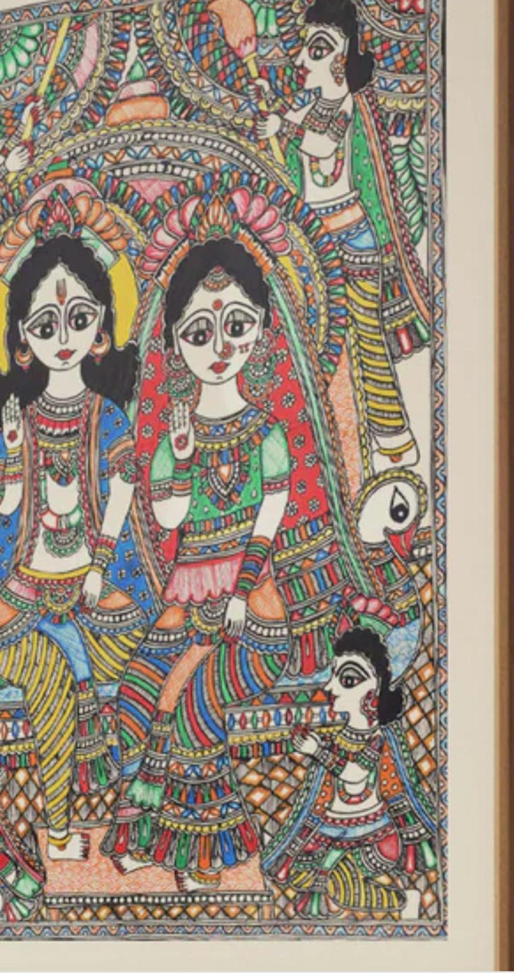 Mithila Madhubani Handpainted Wall Painting Wall Decor Featuring Ram Darbar Design With Brown Wooden Frame Canvas Painting Beautiful Paint