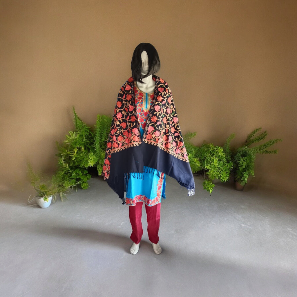 Blue Red Black Set of 3 Pieces Woollen suit pant scraf Cashmere Woollen Outfit Lightweight Kashmir embroidery Luxurious vintage Dress Design