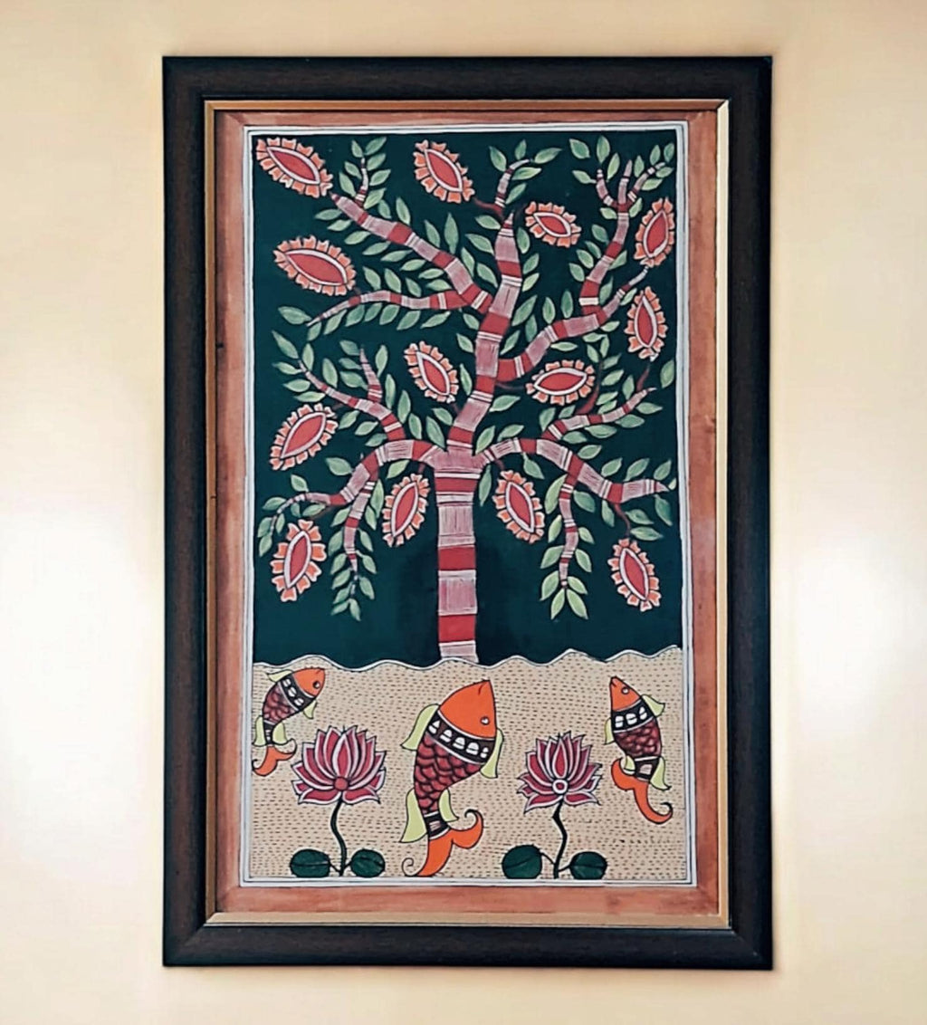 Mithila Madhubani Handpainted Wall Painting Wall Decor Featuring Tree Fish Design With Black Wooden Frame Canvas Painting Beautiful Paint