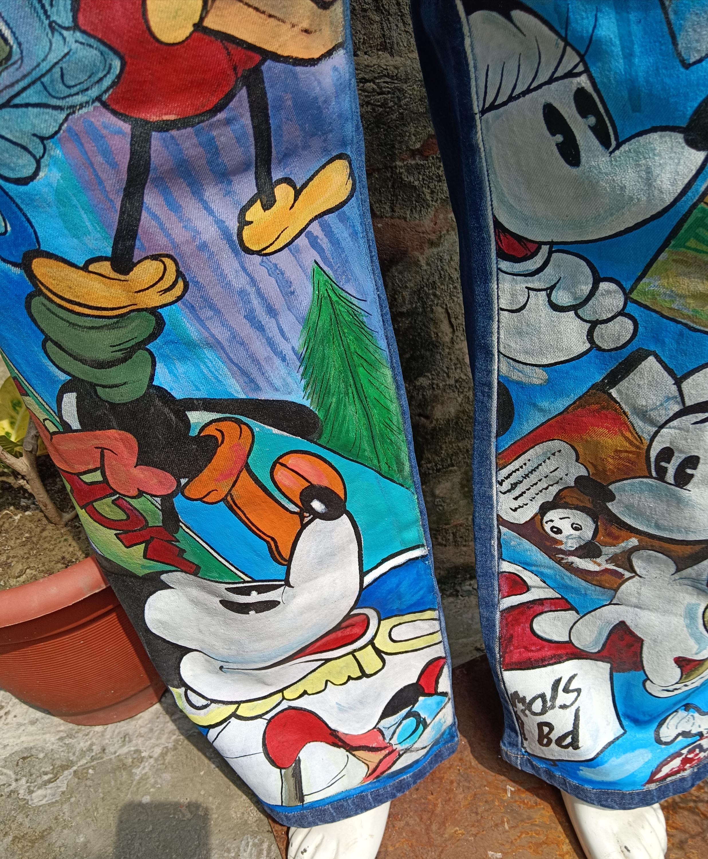 NEW Women's  Hand Painted Straight Leg Cotton Jeans Multicolor Denim Rare Vintage Look Blue Denim Jeans