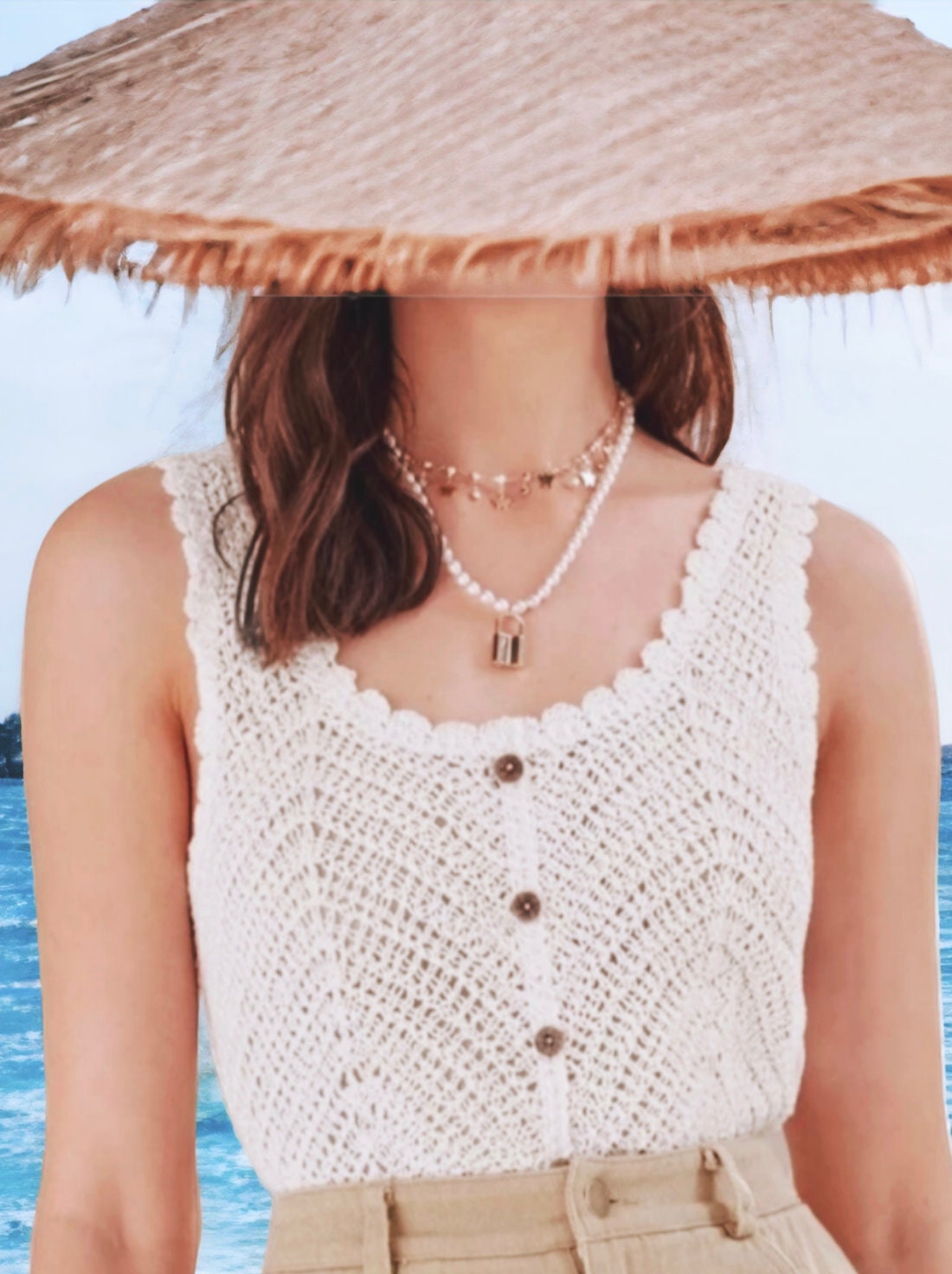 White Cotton Crochet Tank Top Hand Made Sleeveless Pattern Casual Summer Attire Beach Outfit Gift for Her Modern Look Buttoned Pull Over