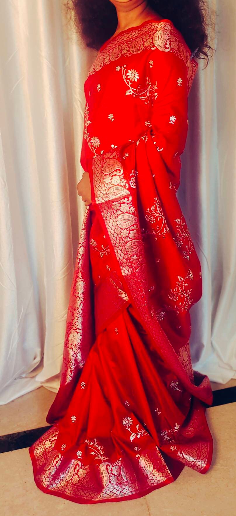 Red Satin Silk Saree Embroidered Border With Unstitched ( customised ) blouse Thread work Banarsi Saree Gift For Her Perfect For Wedding