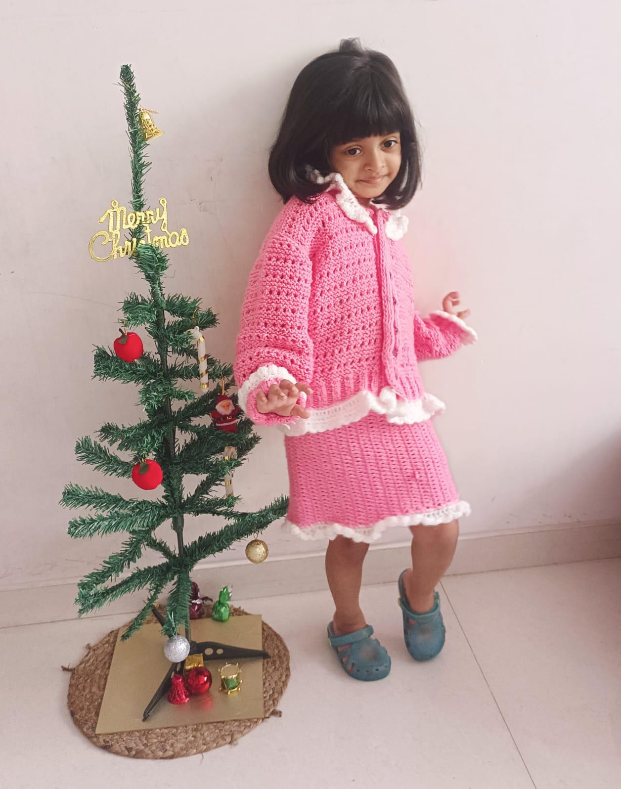 Pink White Woollen Kids Co-ord Sweater Skirt Crochet Pattern Buttoned Sweater Elastic Skirt Easy to Wear Soft Touch Lightweight Comfortable