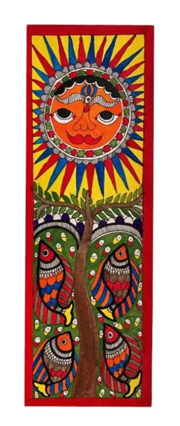 Mithila Madhubani Handpainted Wall Painting Wall Decor Featuring Sun Aquatic Design With Red Wooden Frame Canvas Paintaing Rare To Find