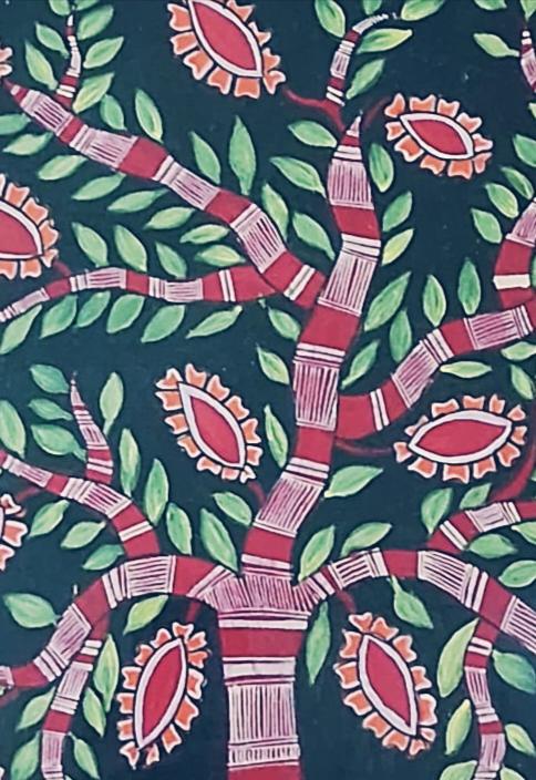 Mithila Madhubani Handpainted Wall Painting Wall Decor Featuring Tree Fish Design With Black Wooden Frame Canvas Painting Beautiful Paint