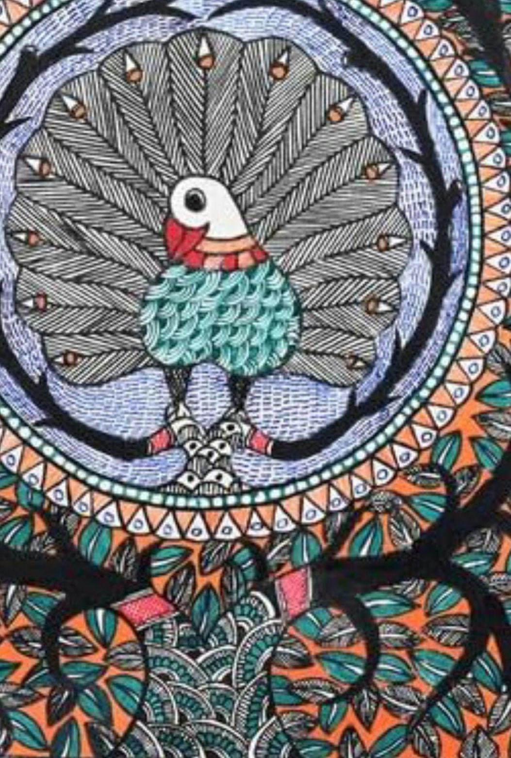 Mithila Madhubani Handpainted Wall Painting Wall Decor Featuring Peacock Floral Design With Black Wooden Frame Canvas Paintaing Rare To Find