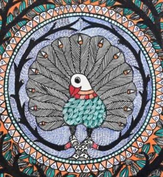 Mithila Madhubani Handpainted Wall Painting Wall Decor Featuring Peacock Floral Design With Black Wooden Frame Canvas Paintaing Rare To Find