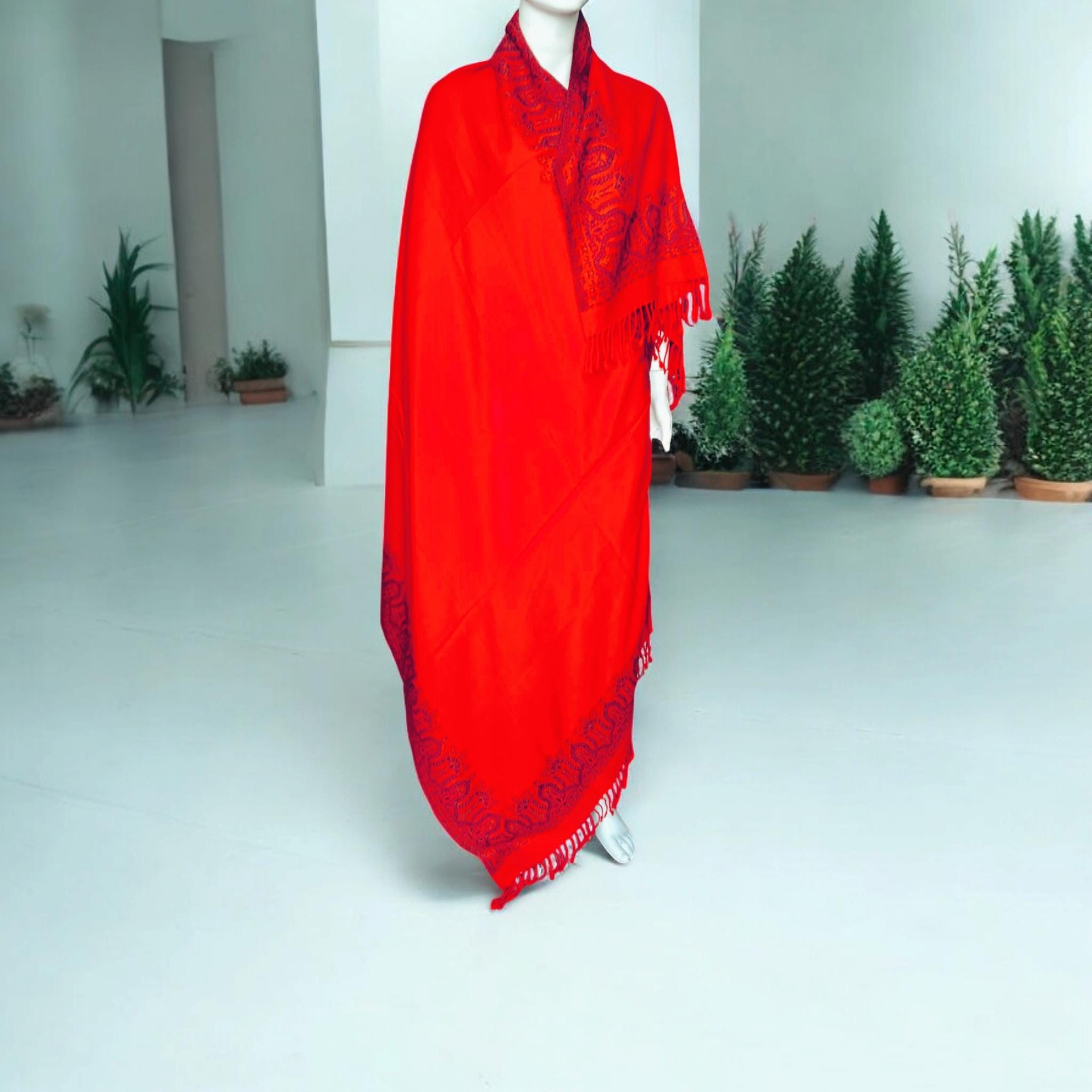 Red Cashmere Shawl/Scarf/Wrap/Neckwarmer Features Blue Yellow Bordered Floral Design Perfect For Christmas Gift For Them Winter Outfit