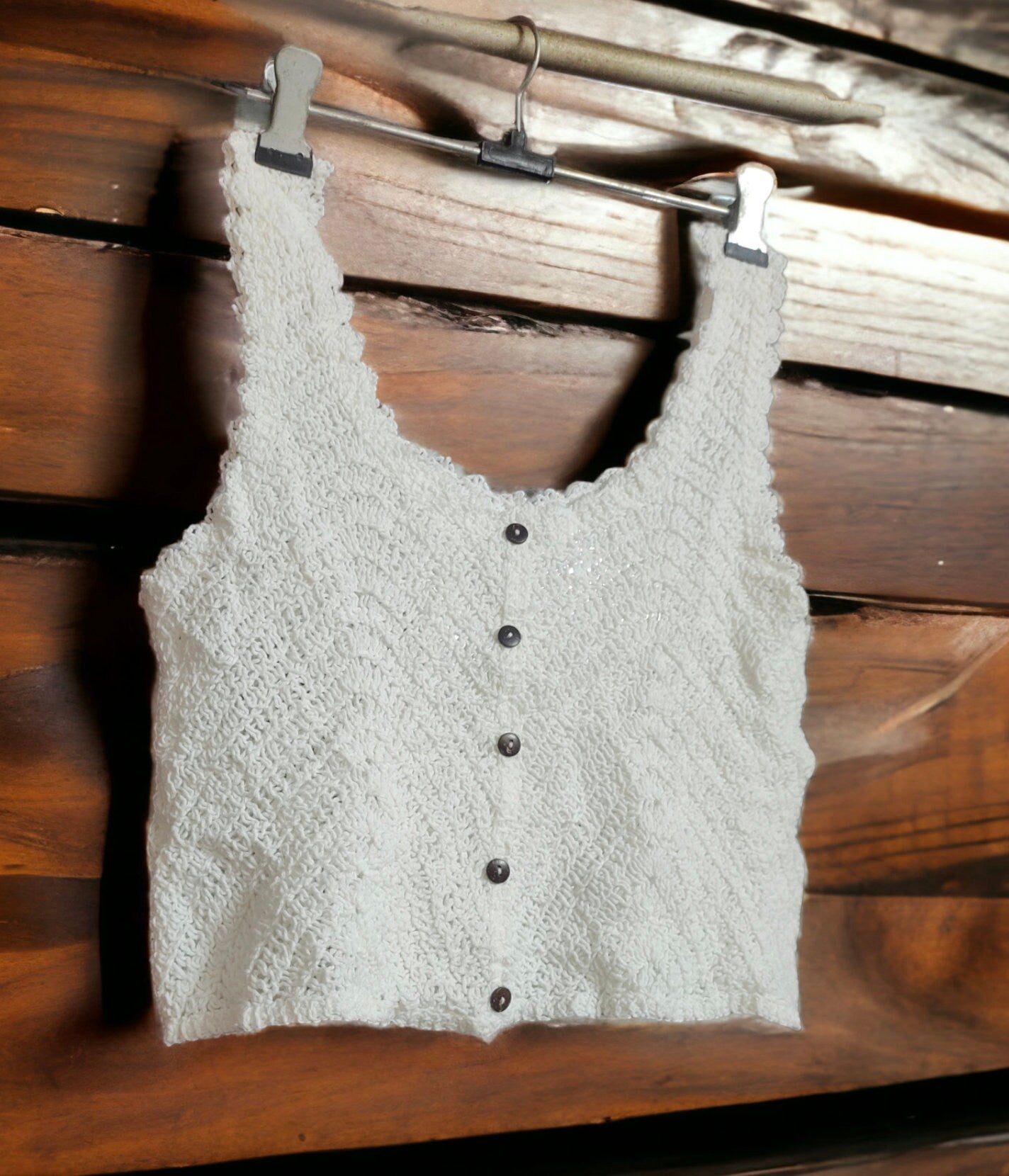 White Cotton Crochet Tank Top Hand Made Sleeveless Pattern Casual Summer Attire Beach Outfit Gift for Her Modern Look Buttoned Pull Over
