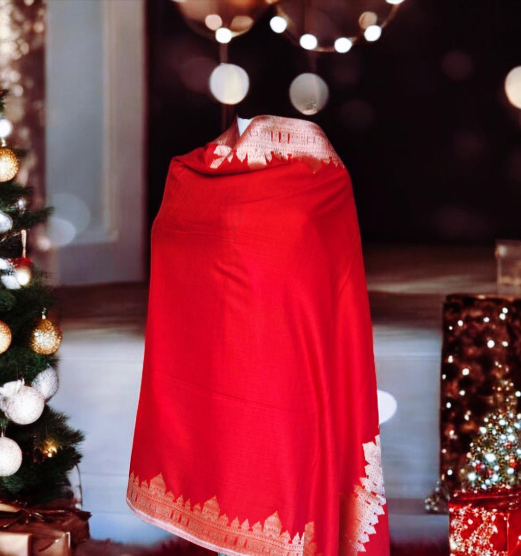 Red Pashmina Cashmere Shawl Features Golden Zari Work Bordered Monument Design Perfect For Christmas Gift For Them Winter Outfit Luxurious
