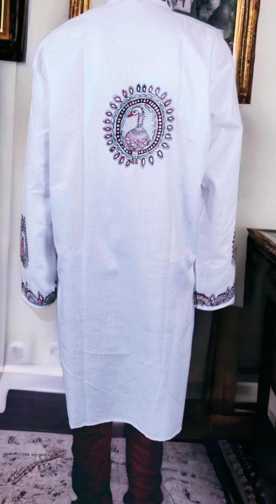 White Cotton Hand Painted Madhubani Art Kurta For Men Peacock Feature Art With Red Cotton Silk Pajama Madhubani Style Mithila Style Puja