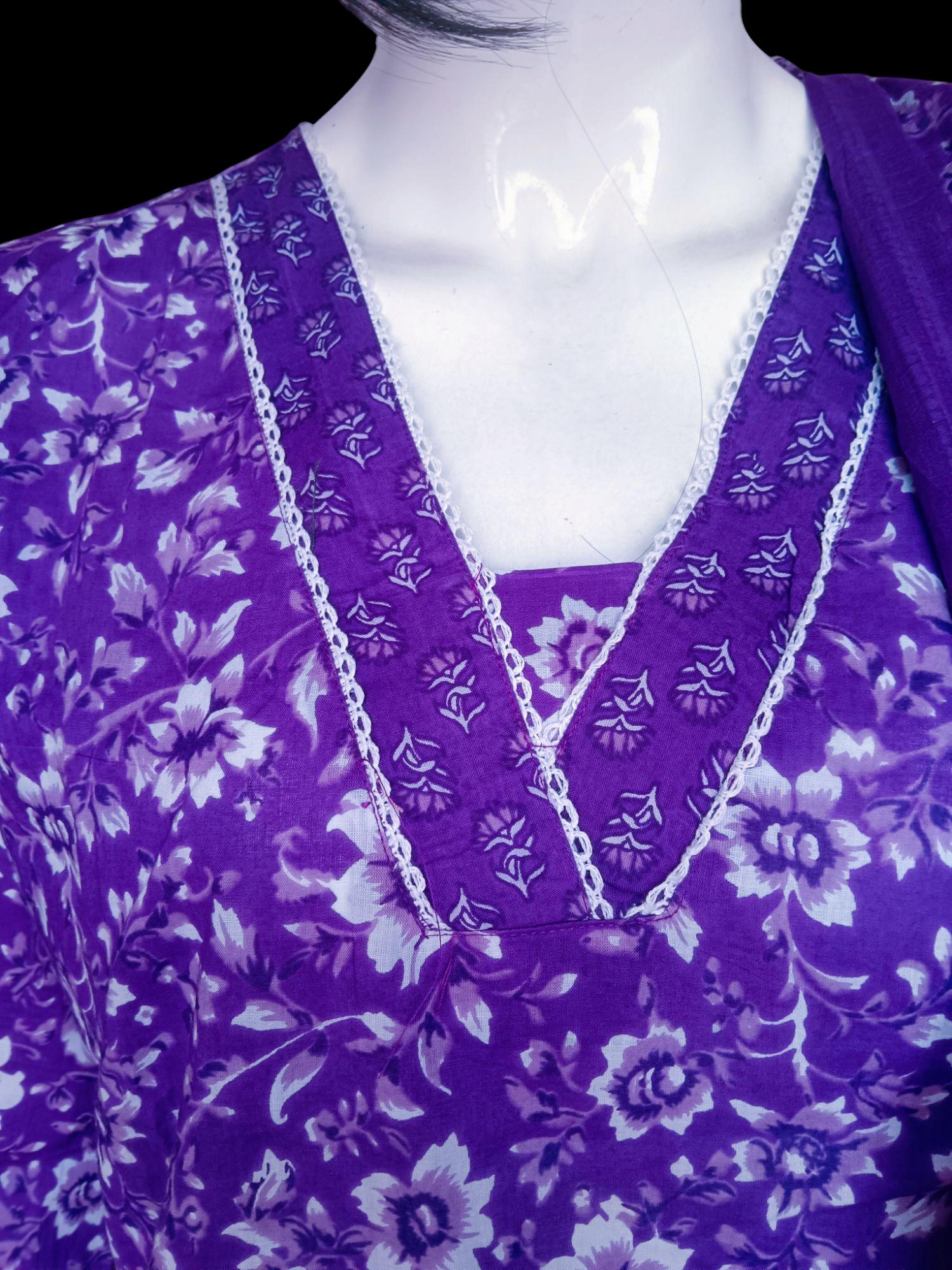 Set of 3 Pure Cotton Purple/Violet White Kurta Pant and Dupatta Floral Print Lace Work Indian Traditional Ethnic Casual Wear Easy to Breath