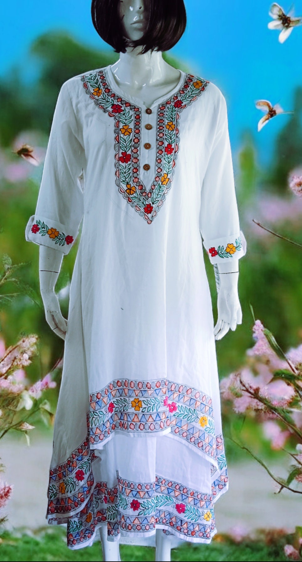 Mulmul Cotton White Madhubani Hand Painted Women Kurta/Dress Floral Pattern Indian Wear Ethnic Wear Easy to Wear Soft Fabric Colourful
