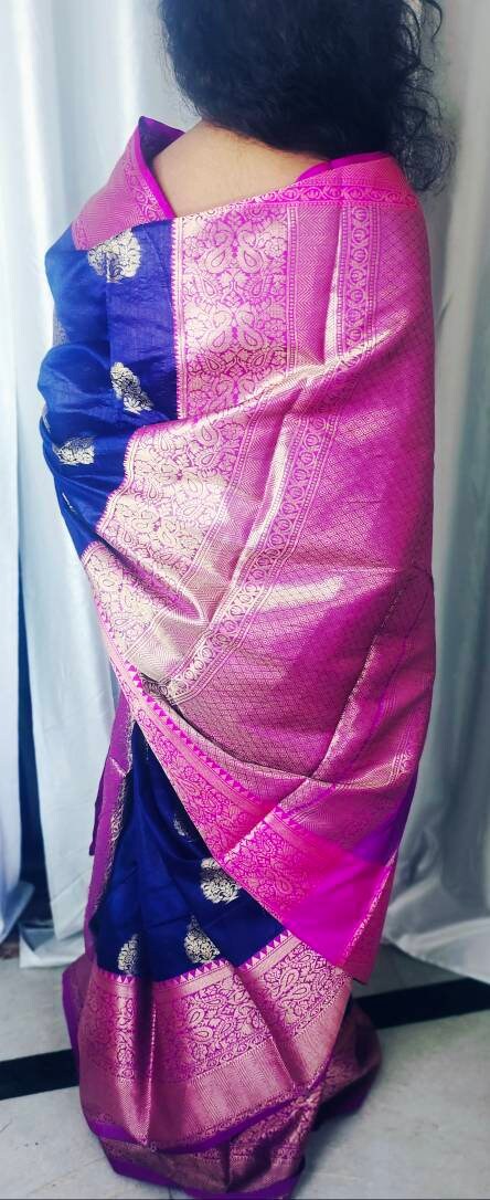 Blue Magenta Paper Silk Saree With Unstitched ( customised ) Banarsi Blouse Zari Work Thread Work Perfect For Wedding Party Gift for Her
