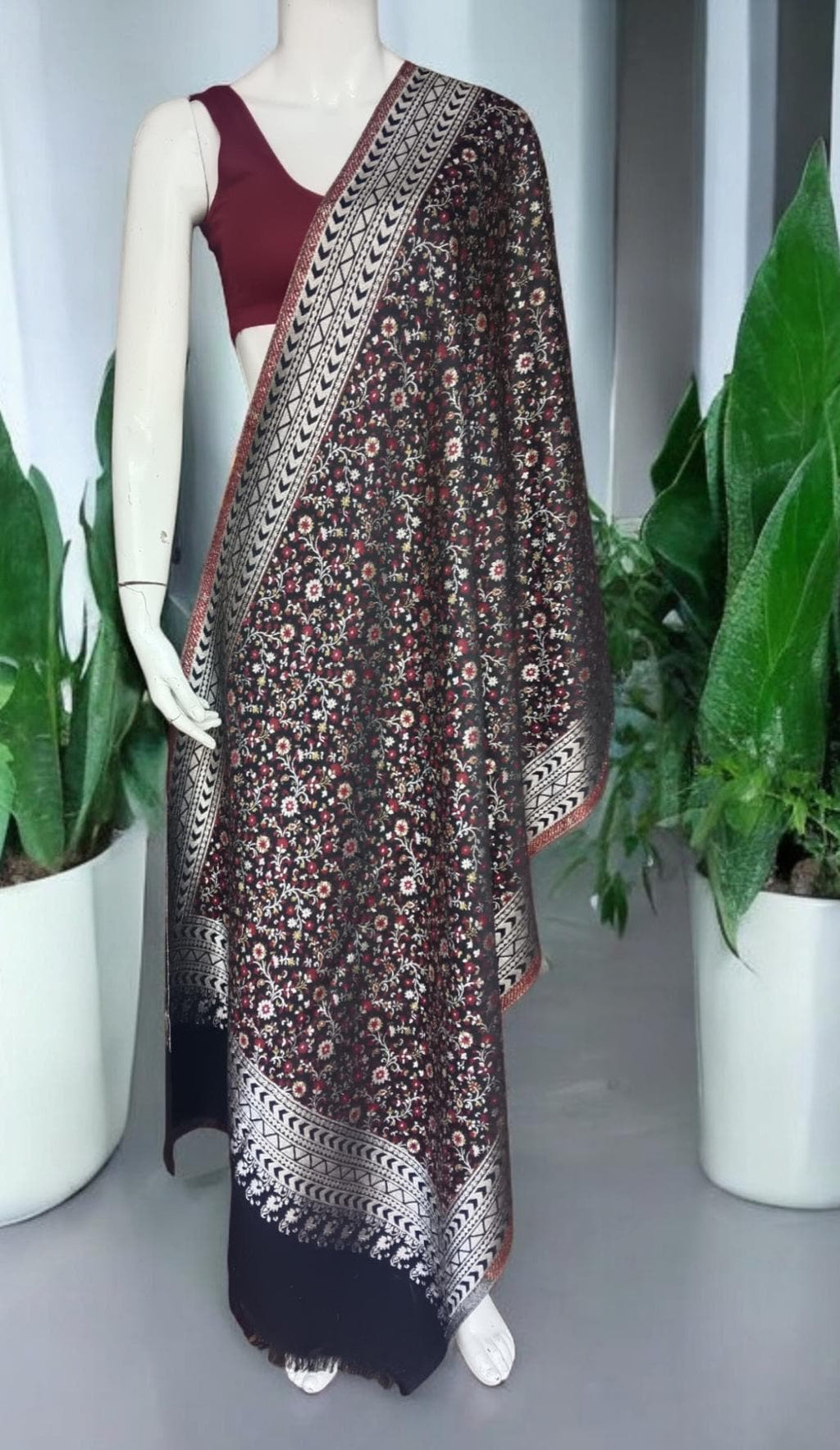 Black Cashmere Wool Colourful Floral Embroidered Silver Zardozi Bordered Stole/Shawl Kashmiri Outfit Comfortable to Wear Lightweight Warm